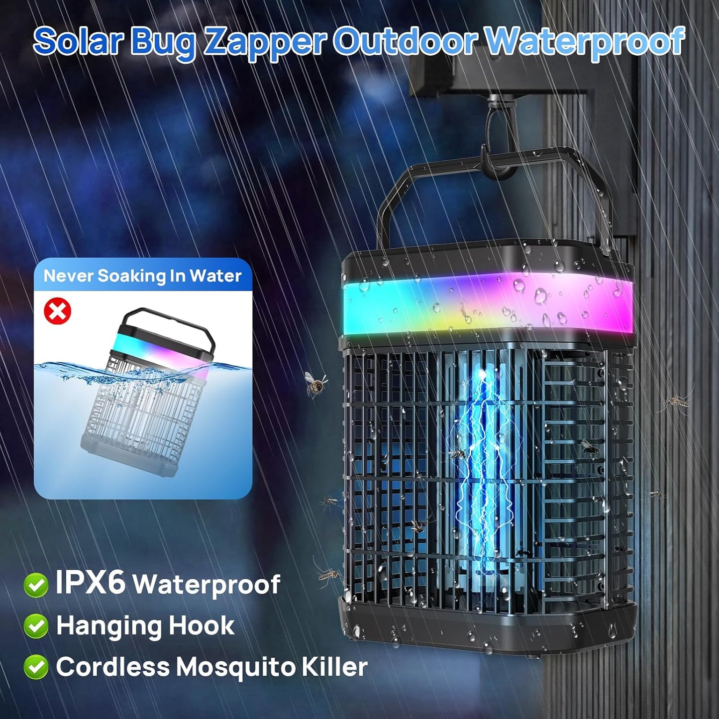 Solar Bug Zapper Outdoor 4000V Mosquito Zapper Solar 2IN1 Bug Repellent Outdoor Patio with 5500mAh Battery&LED,Electric Fly Zapper with Hook,Cordless&Rechargeable Mosquito Repellent for Patio Camping
