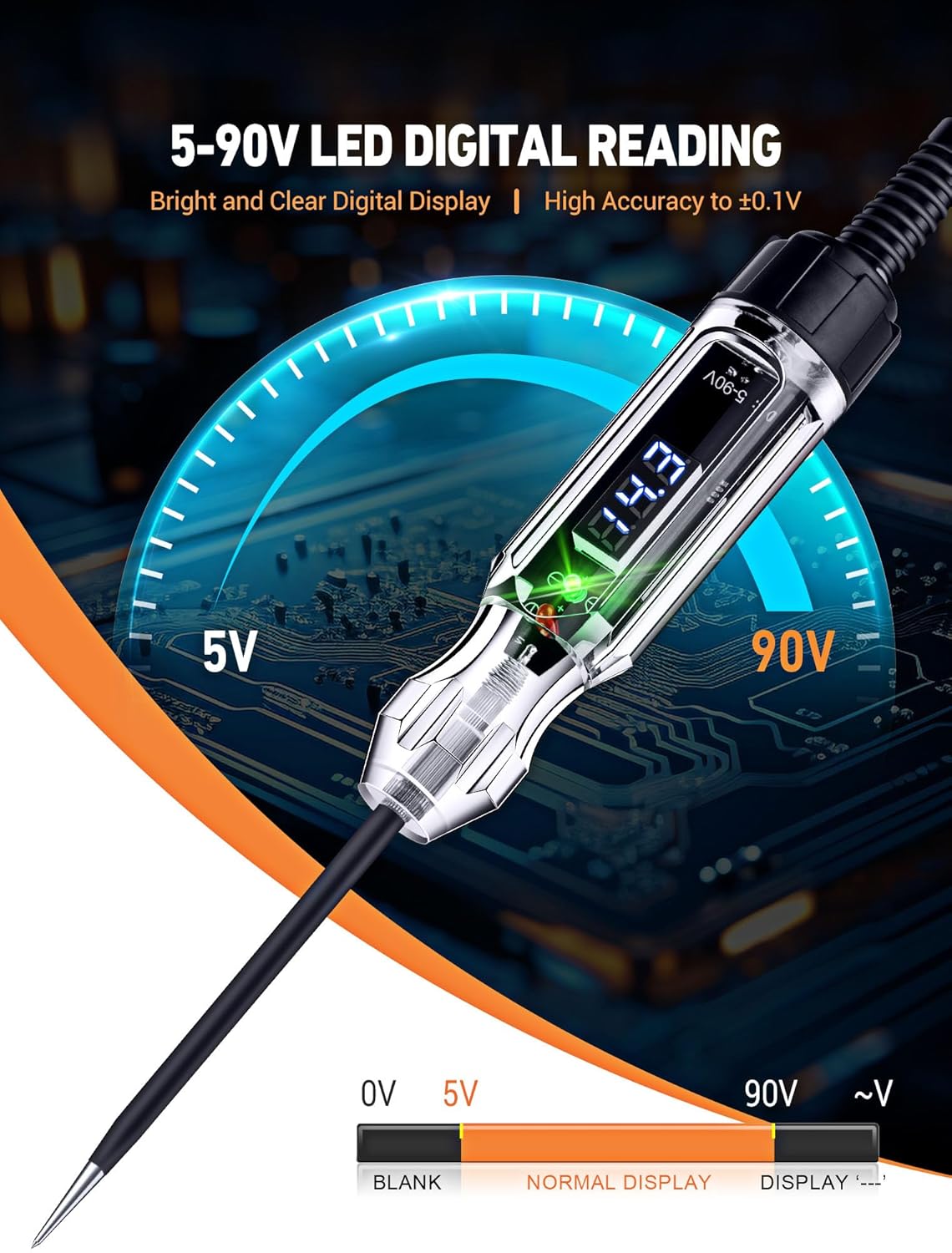 Automotive Test Light, Heavy Duty 5-90V Digital LED Electrical Tester, Circuit Tester with 140 Inch PU Spring Wire, Voltage Tester Pen for Checking Vehicle Car Truck Motorcycle Boat