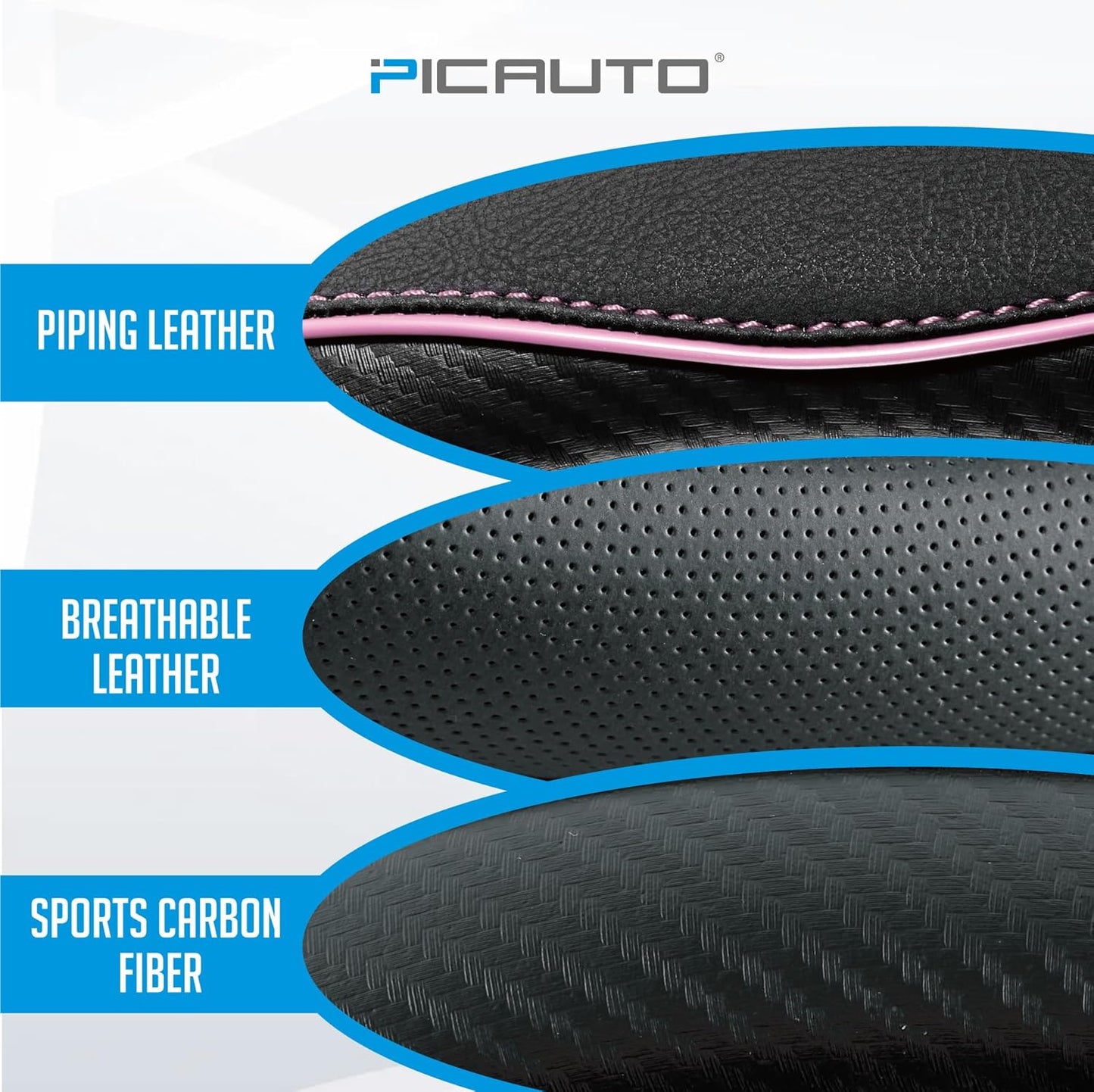 PIC AUTO Steering Wheel Cover, Pink Piping Leather, Sports Carbon Fiber and Super Breathable Leather, Universal 14.5-15.5 Inch Anti-Slip Steering Wheels Accessories for Men & Women