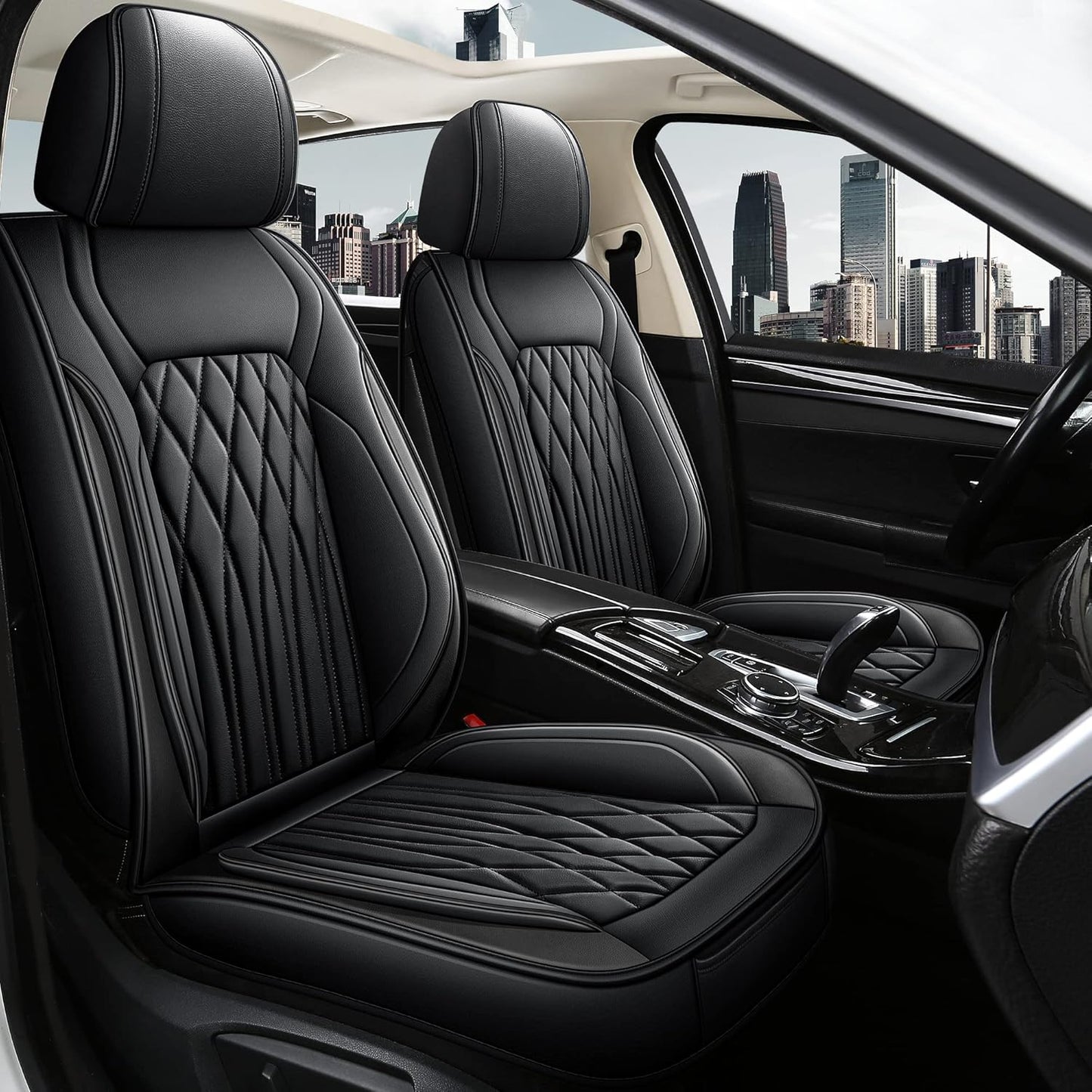 Pariitadin Leather Car Seat Covers Front Pair, Waterproof Faux Leather Seat Covers for Cars, Non-Slip Car Interior Covers Universal Fit for Most Cars Sedans Trucks SUVs, Black Line