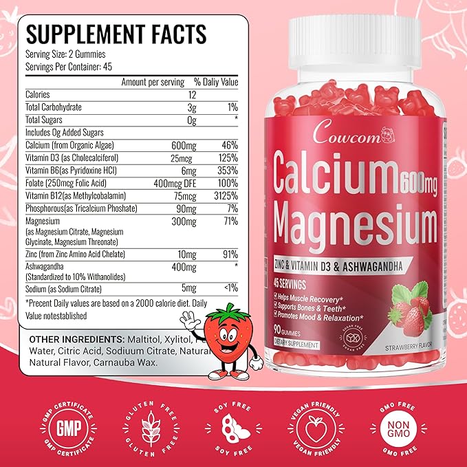 Calcium Magnesium Zinc Gummies & Vitamin D3,B6,B12,Immune & Supporting Bone Health Calcium Magnesium Supplement for Women Men,Sugar-Free Vegan Strawberry Flavor 90 Counts