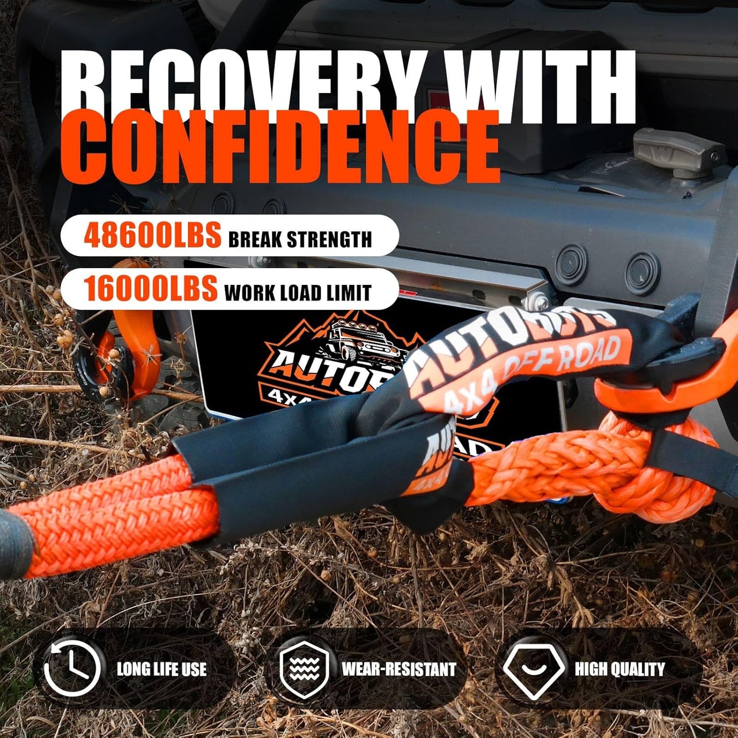 AUTOBOTS Kinetic Recovery Rope 1" x 30'(48,600lbs)，Heavy Duty Tow Rope Tow Strap for Truck ATV UTV SUV Car，Offroad Recovery Kit