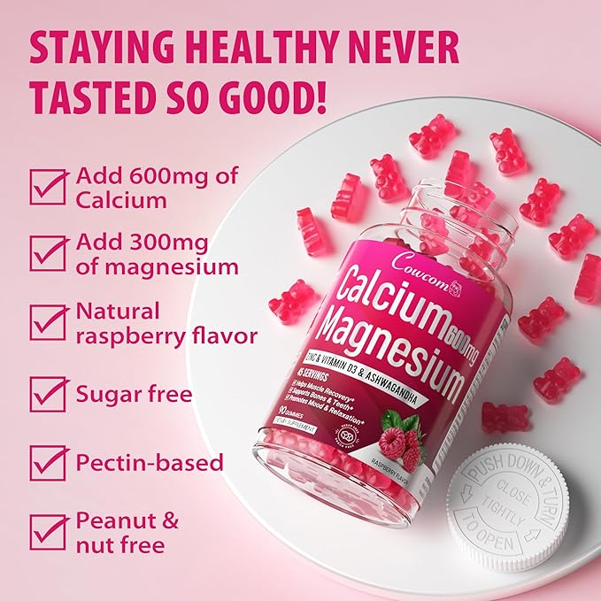 Calcium Magnesium Zinc Gummies & Vitamin D3,B6,B12,Immune & Supporting Bone Health Calcium Magnesium Supplement for Women Men,Sugar-Free Vegan Raspberry Flavor 90 Counts