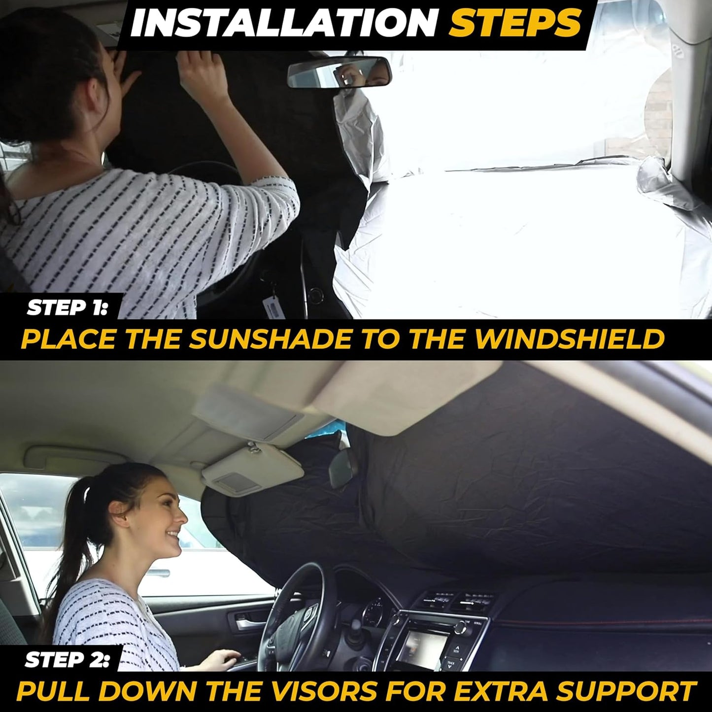 Windshield Sun Shade for Car, SUV & Truck – Patented Design Blocks 99% UV Rays & Heat | 240T Reflective Polyester Sunshade with Storage Bag | Keeps Vehicle Interior Cool | Universal Fit L(64" x 34")
