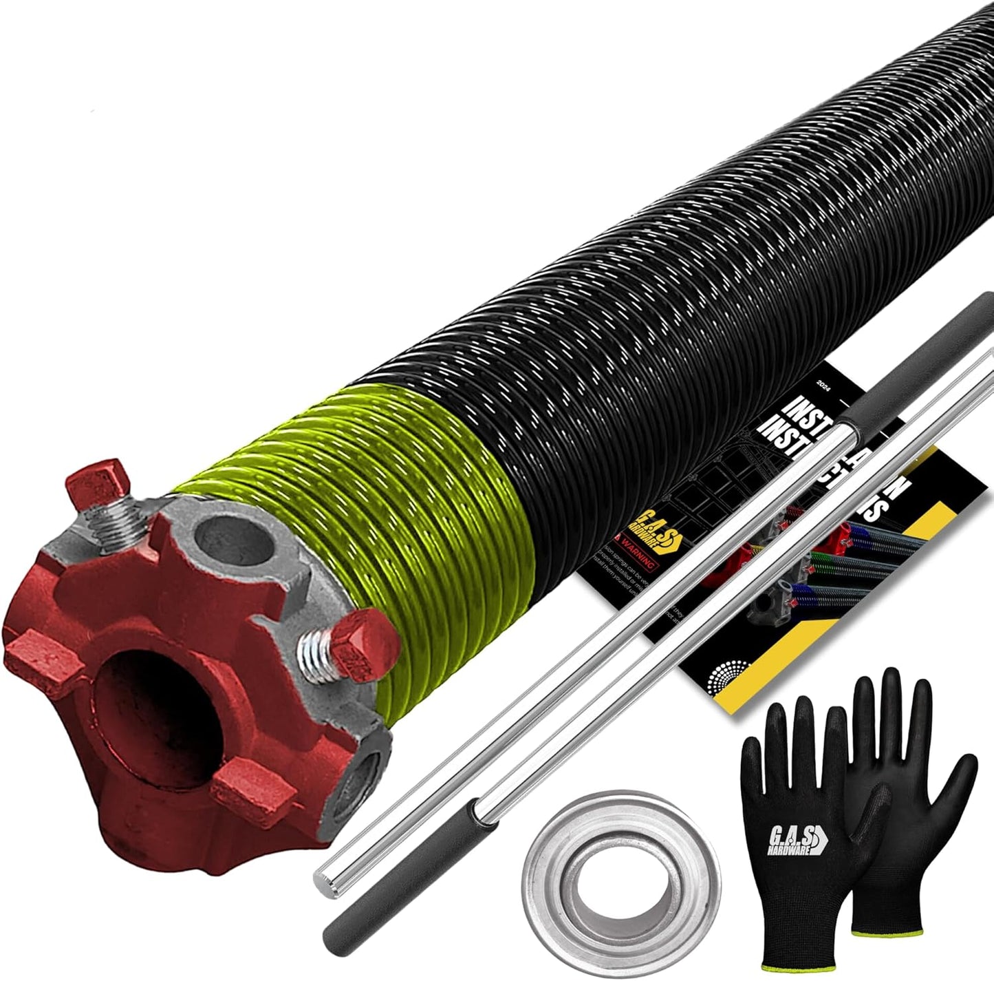 Garage Door Torsion Spring 207x1.75x26 Includes 1” Steel Bearing, Non-Slip Gloves, and Winding Bars for Left Side of Garage Door Precision E-Coating 5-Year Warranty Min. 30,000 Cycles (Red Cone)