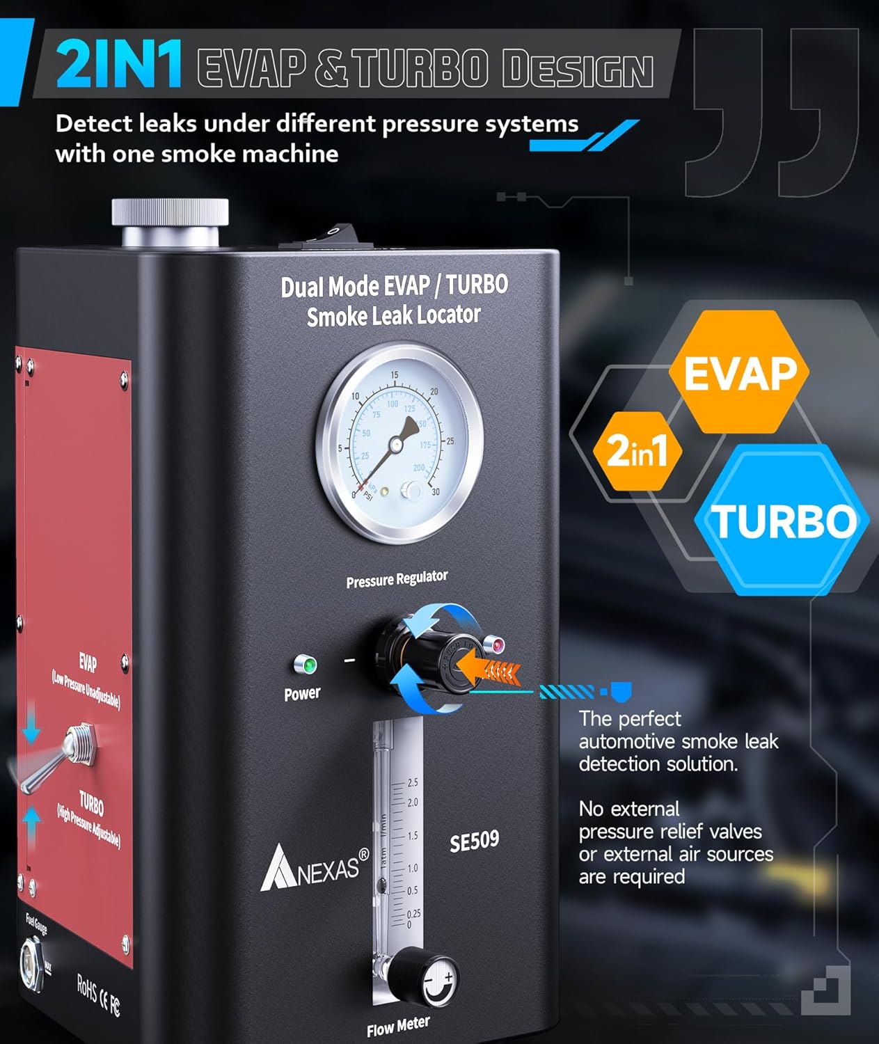 NEXAS SE509 Smoke Machine Automotive with Built-in 2 Air Pump, Pressure Regulator, Dual Mode EVAP Turbo Automotive Smoke Leak Detector, Smoke Tester Tools Kit for Vacuum, Fuel and More Leak Testing