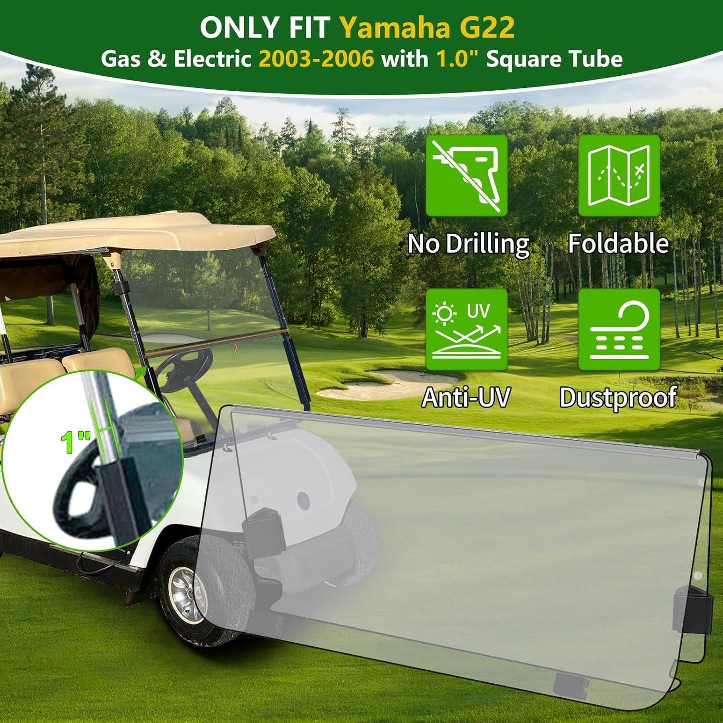 Golf Cart Foldable Windshield 3/16" (5MM) Thicken Only Fits 2003-2006 Yamaha G22, Fits 1"×1" Strut Rail Front Folding Acrylic Windshield Replacement, Included Mounting Hardware - Clear