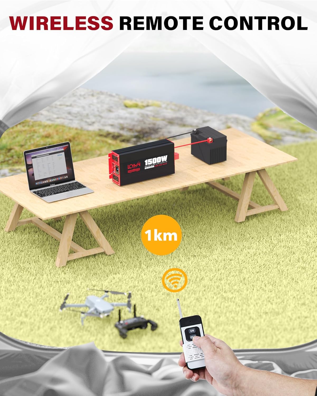 1500 Watt Pure Sine Wave Power Inverter DC 12V to AC 110/120V with Dual Outlets USB-C 30W USB-QC 18W Fast Car Charger Adapter LCD Display and Remote Control Converter for Off-Grid Home RV Solar System