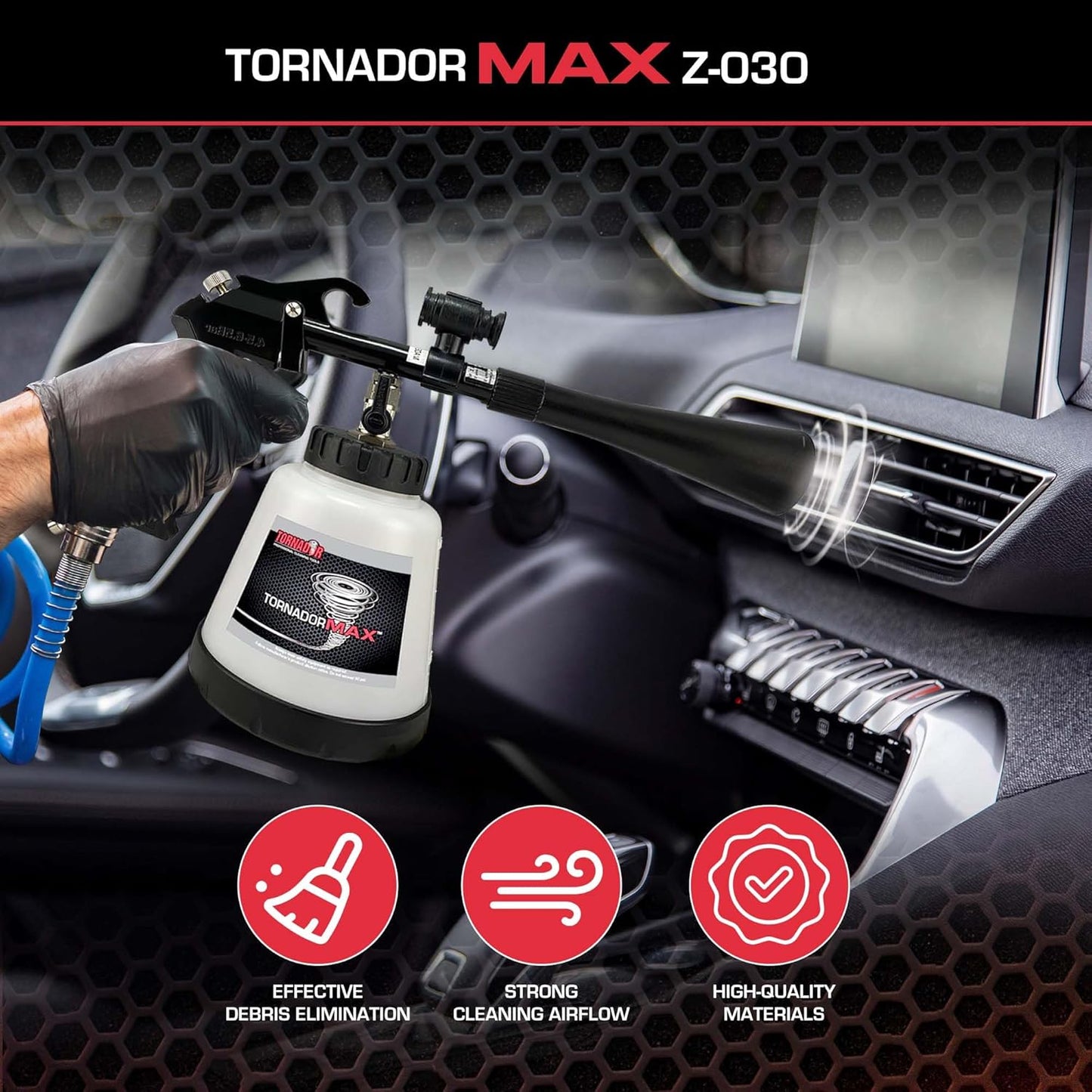 Tornador Max Z-030 Cleaning Tool for Car Detailing | Patented Power Rotation | LED Light | Custom Grip | High-Pressure Air Cleaning Gun | 32oz Capacity