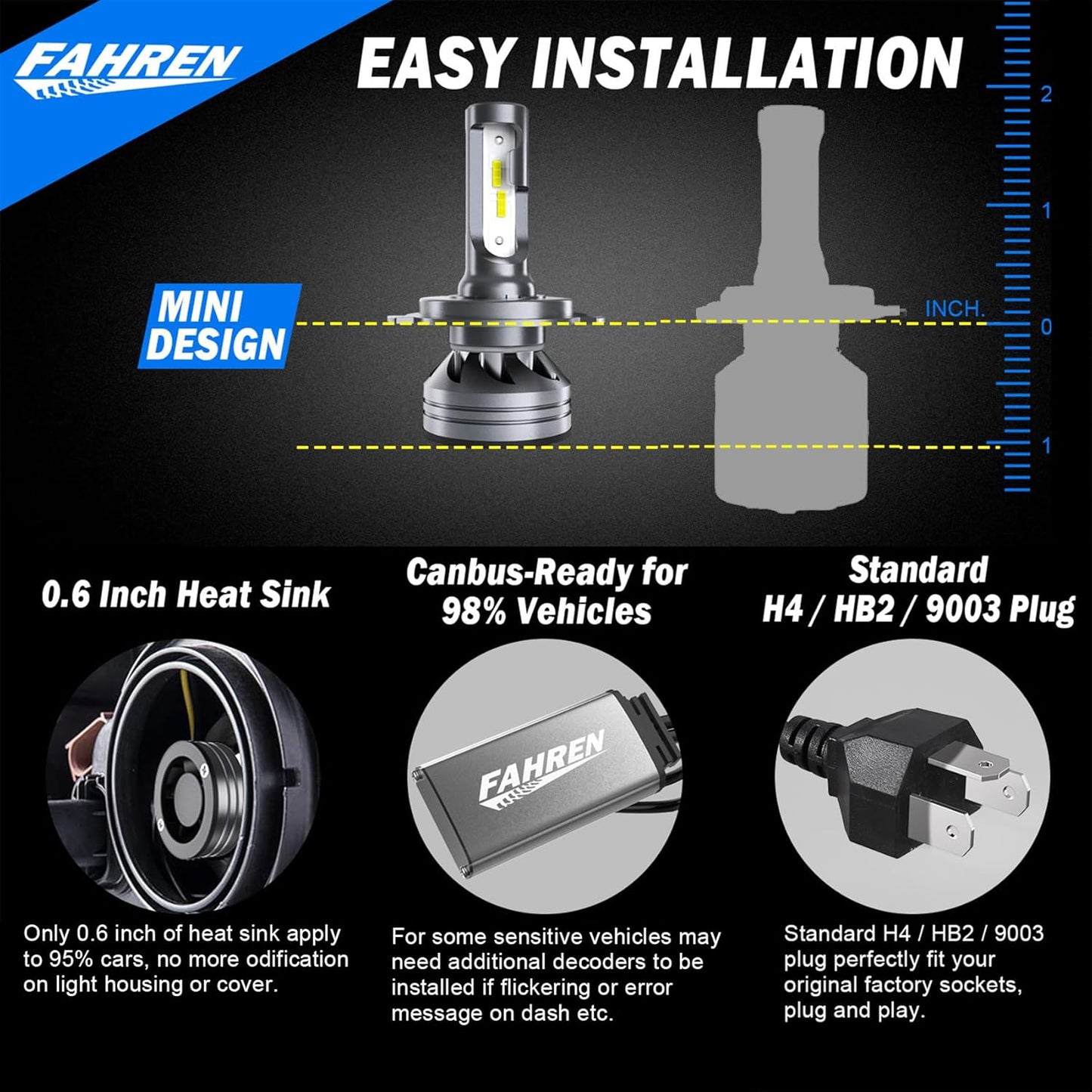 H4 Light Bulb, 40000LM 900% Super Brighter, Real 1:1 Size, 9003/HB2 Fog Light for Night Driving, 6500K Cool White, 60000Hrs Long Service Life with Cooling Fan, Plug and Play, Pack of 2