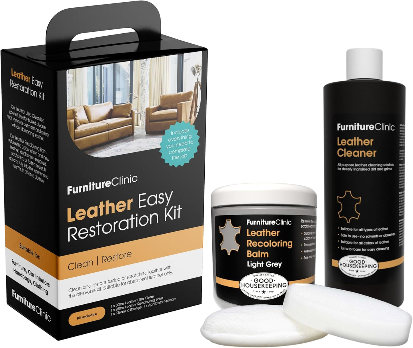 Furniture Clinic Leather Easy Restoration Kit | with Leather Recoloring Balm, Cleaner, Sponge, and Cloth | Leather Repair Kit for Scratched and Faded Furniture (Light Grey)