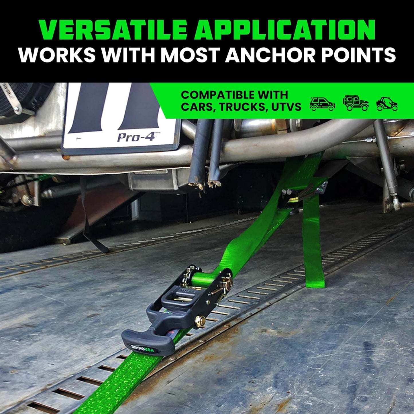 Rhino USA Car Tie Down Straps for Trailers with J Hooks (4-Pack) – 2" x8' (10,000lb Break Strength) – Heavy Duty Car Hauler Tire Straps with Axle Straps for UTV, Powersports & More – Green