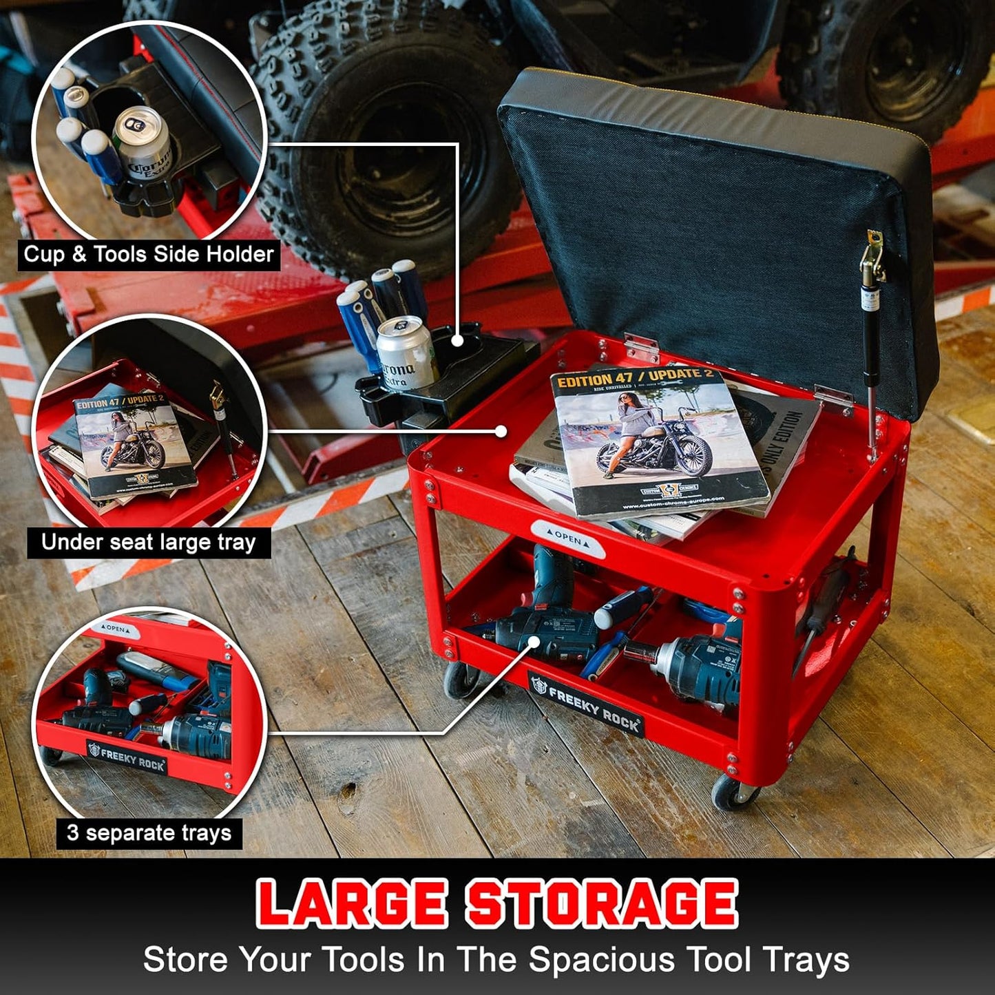 Rolling Mechanic Shop Stool with Wheels, Garage Mechanics Stool with 2 Layer Repair Tools Tray, Padded 360° Swivel Automotive Roller Creeper Seat Shop Chair, Heavy Duty, 330 LBS Capacity, Red