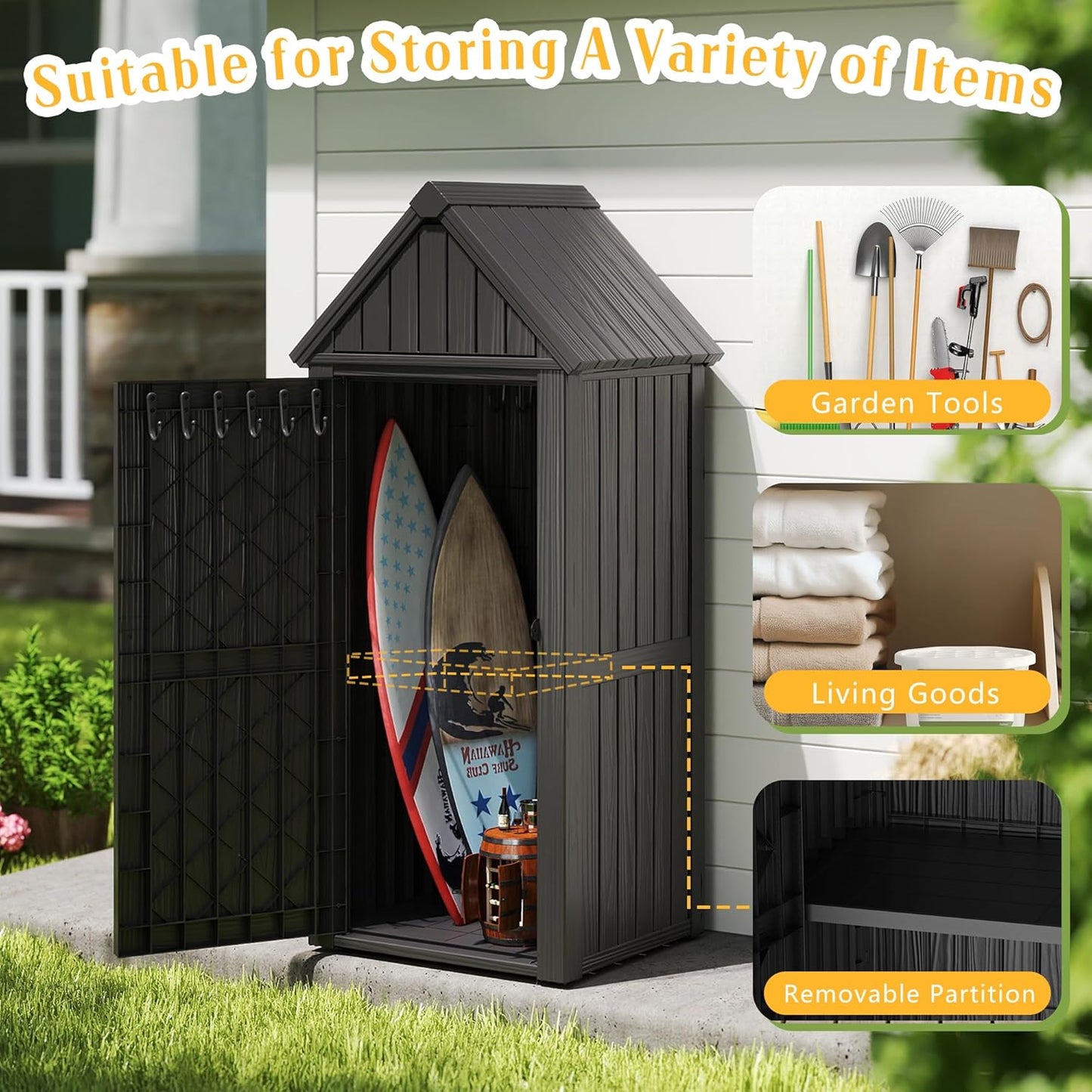 Storage Shed Outdoor Lockable,Waterproof Resin Garden Tool Shed, Heavy-Duty Weather-Resistant Cabinet for Patio, Backyard, or Garage (Black)