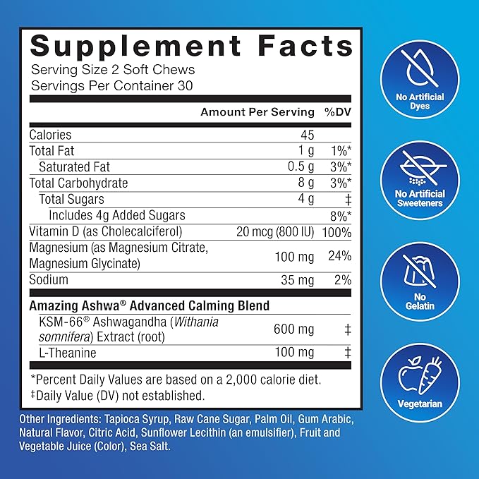 FORCE FACTOR Amazing Ashwa Complete Calm Support with KSM-66 Ashwagandha, Like Ashwangandha Gummies to Promote Calm & Relaxation with Magnesium & L-Theanine, Blueberry Pomegranate, 60 Soft Chews