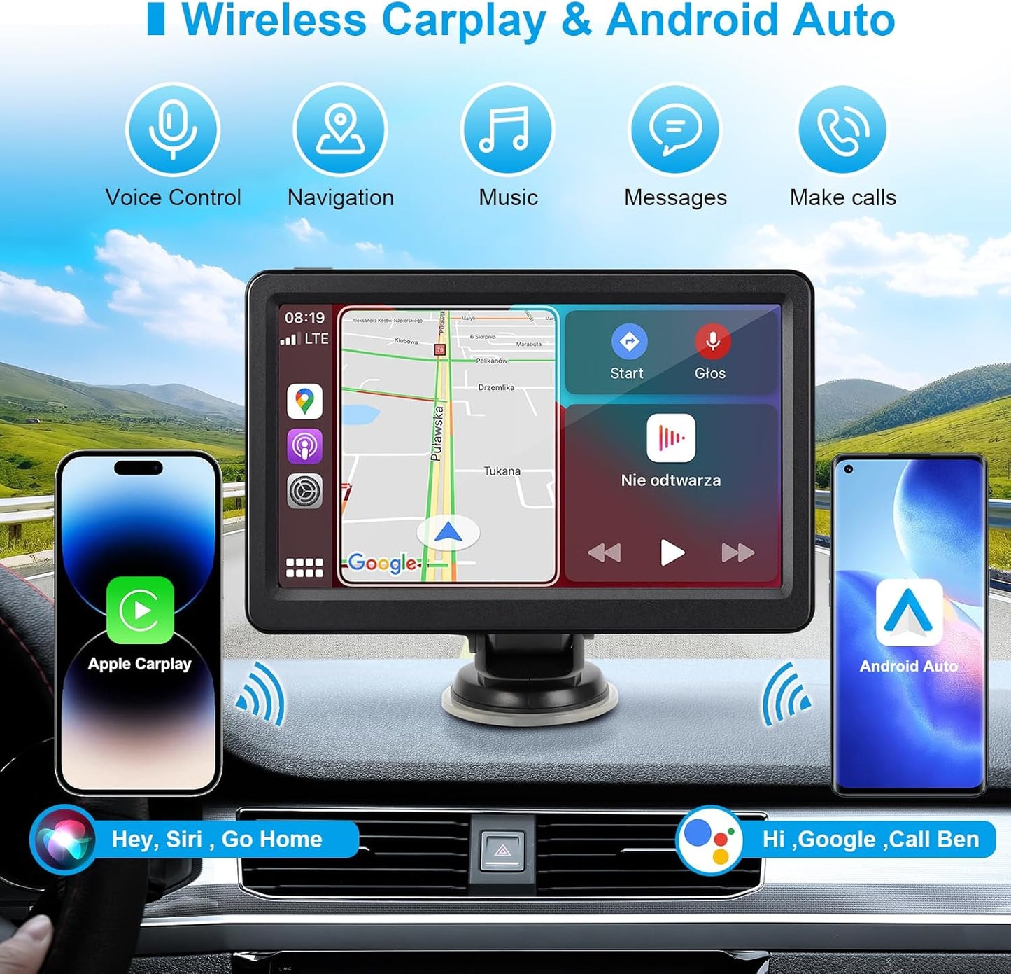 Wireless Carplay Screen for Car, 7" HD Touch Screen Portable Car Stereo for Carplay & Android Auto, Pantalla para Carros with Bluetooth, AUX, FM Transmitter, Voice Control