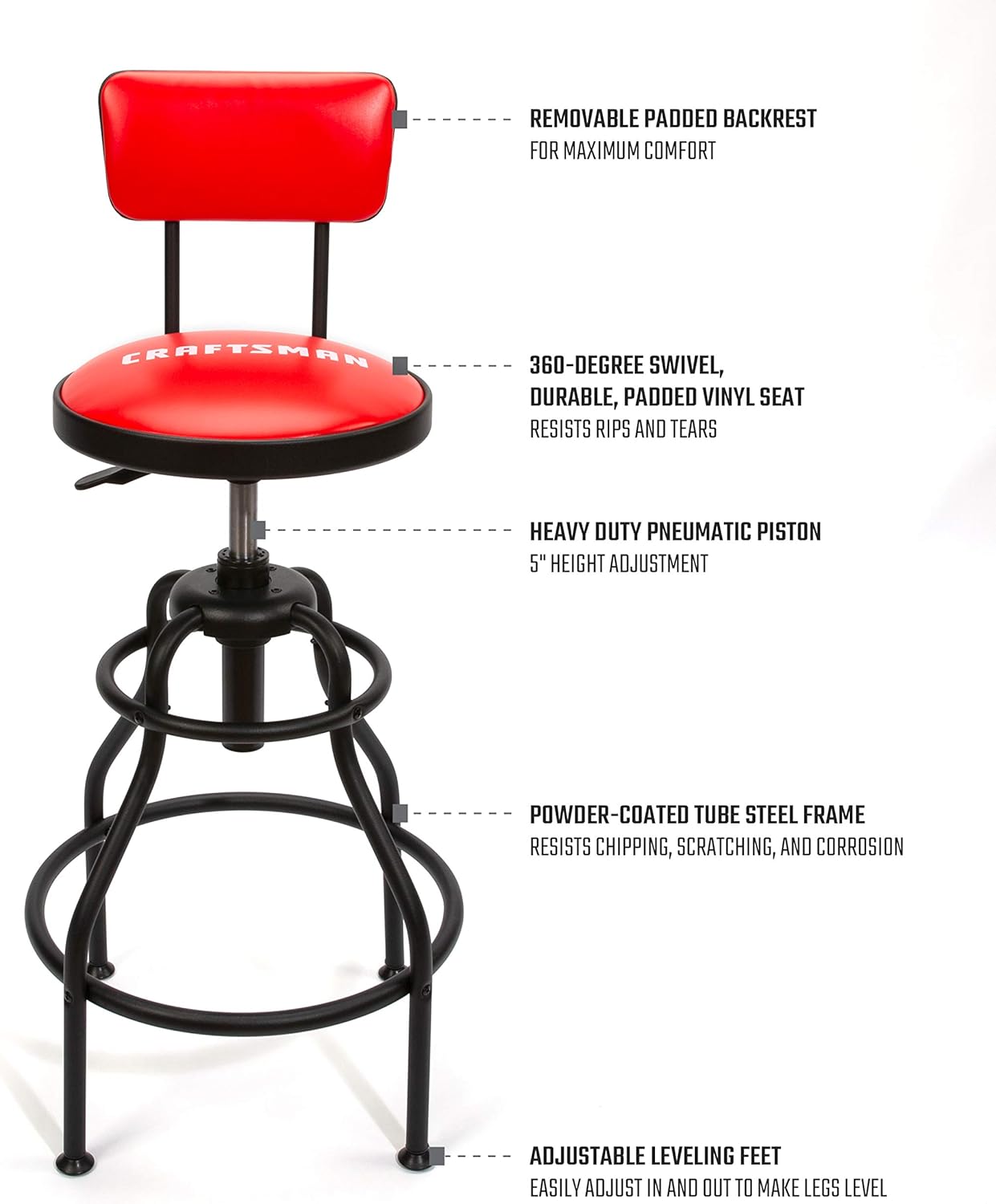 Craftsman Adjustable Height Work Shop Stool, 29 to 34-inches Tall, Rip-Resistant Padded Vinyl Seat, 300-lb Capacity, 360-degree Footrest, Non-Marring Feet