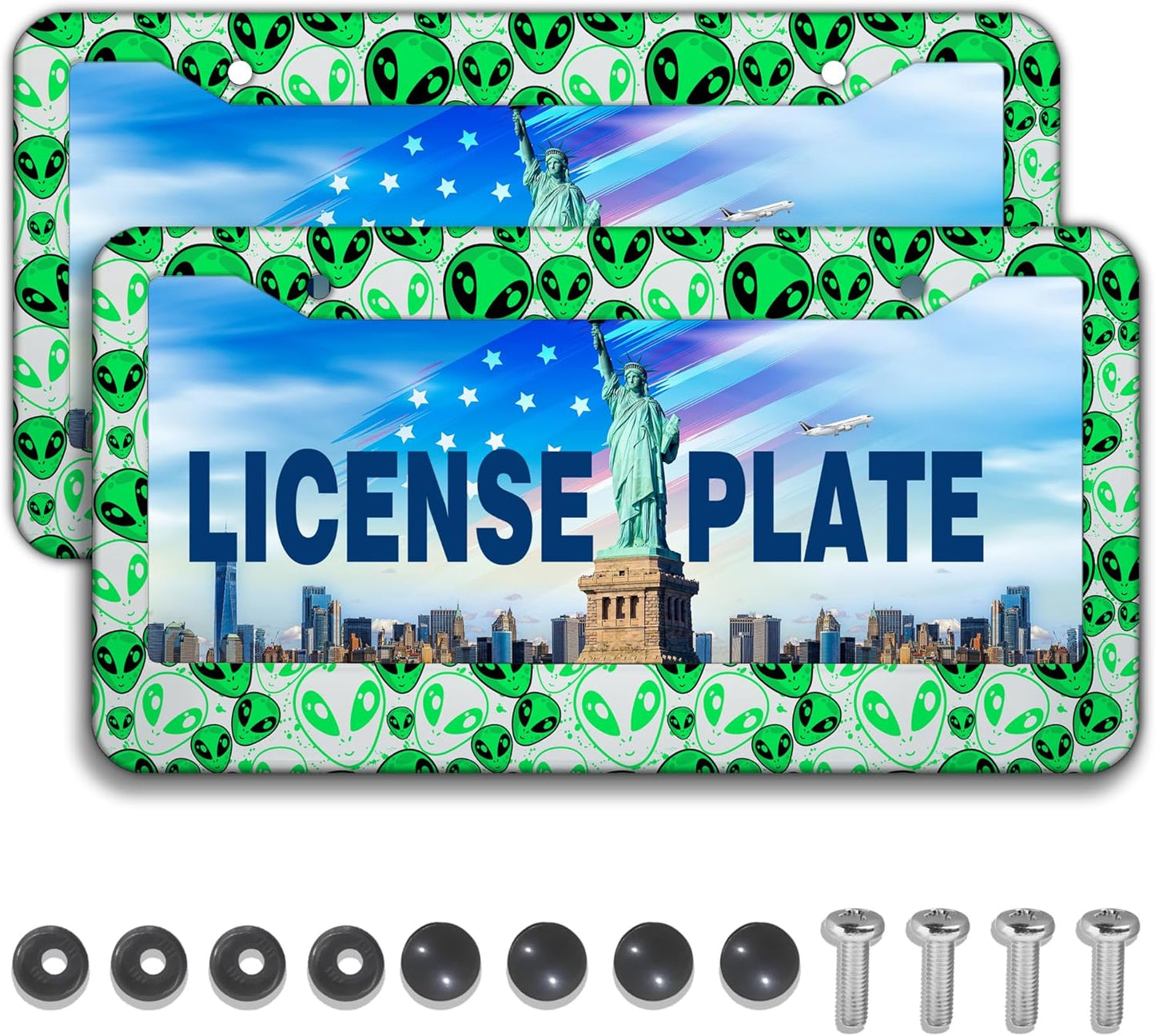 License Plate Covers for Men Green License Plate Frames for Women Alien Universal Aluminum Car Accessory 2 Pack with Screw Covers Set