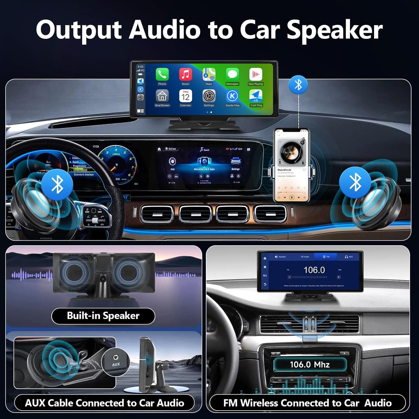 Portable Carplay Screen for Car 9.28" Carplay & Android Auto Car Touch Stereo, with 4K Dash Cam, 1080p Rear Camera,Bluetooth,Touch Screen GPS Navigation,Mirror Link, AirPlay, AUX/FM, Siri