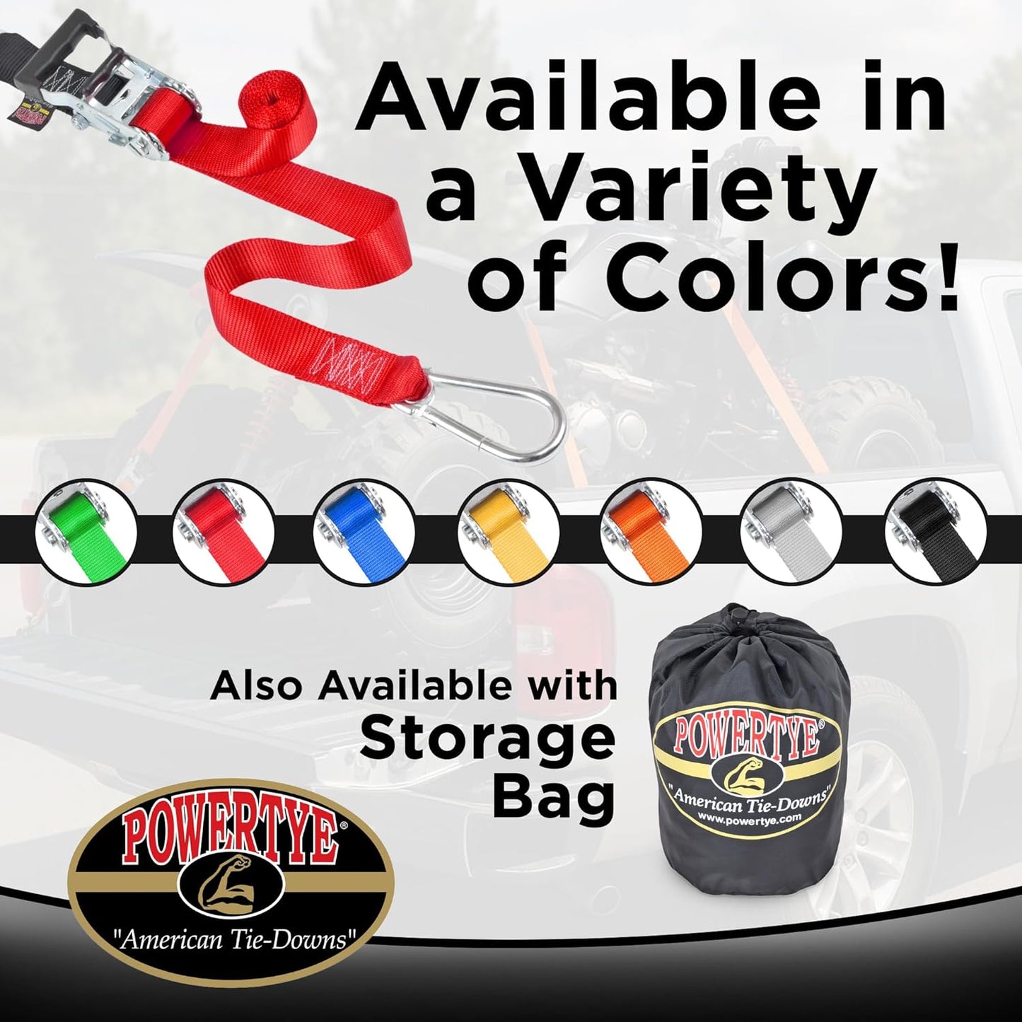 PowerTye 1.5in x 6.5ft Heavy Duty Ratchet Tie-Down Straps with Soft-Tye and Carabiner Hooks - 1,000 lb Working Load Limit / 3,000 lb Breaking Strength - Made in USA - Black/Black Pair