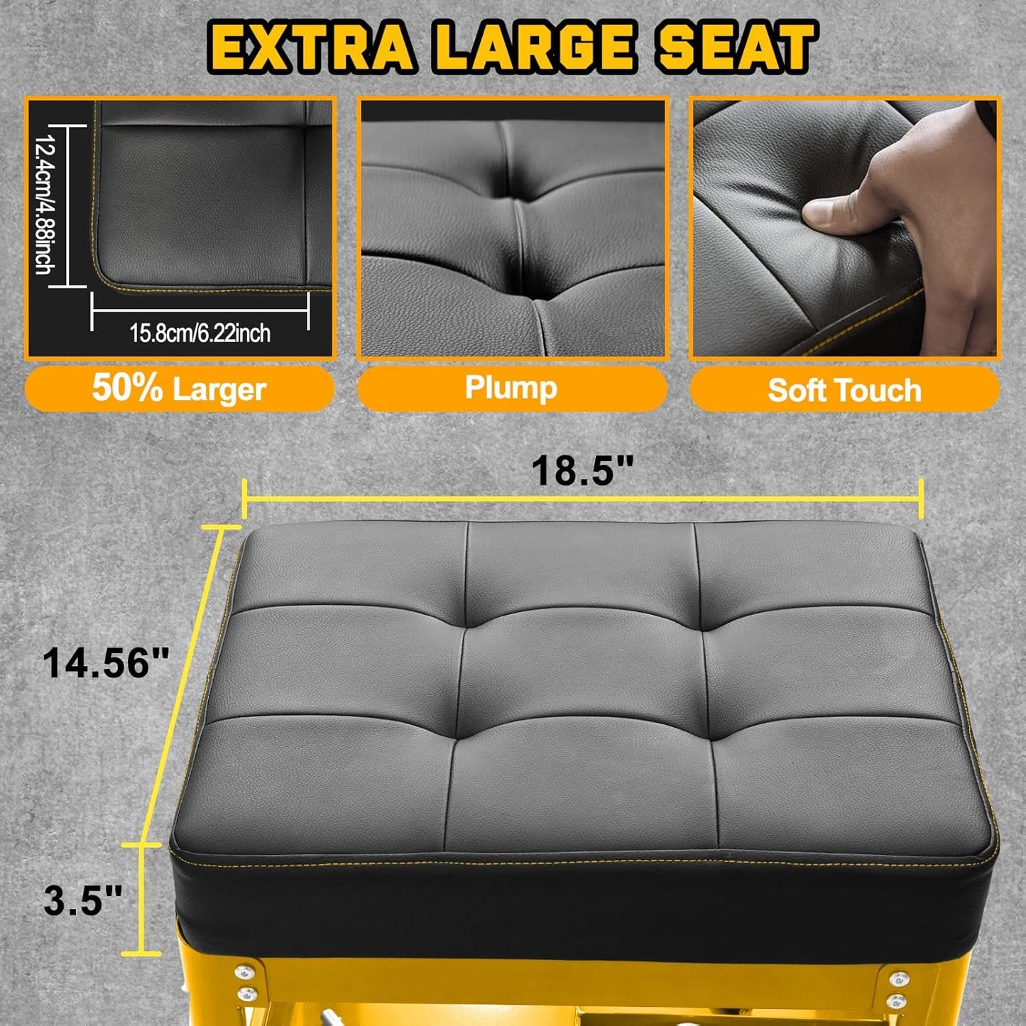 Rolling Mechanic Shop Stool with Wheels, Garage Mechanics Stool with 2 Layer Repair Tools Tray, Padded 360° Swivel Automotive Roller Creeper Seat Shop Chair, Heavy Duty, 330 LBS Capacity, Yellow
