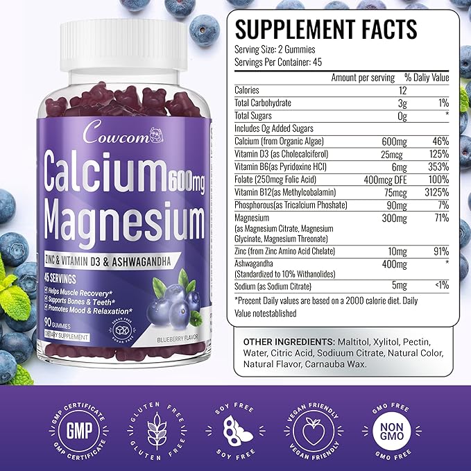 Calcium Magnesium Zinc Gummies & Vitamin D3,B6,B12,Immune & Supporting Bone Health Calcium Magnesium Supplement for Women Men,Sugar-Free Vegan Blueberry Flavored 90 Counts