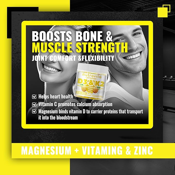 Sugar-Free Vitamin D3 K2 Chews with Calcium + K2 (MK-7), Magnesium Citrate, Vitamin C, Extra Strength - Ultimate Absorption for Bone Muscle Teeth Immune, Vegan - 60 Count-Pineapple Flavor