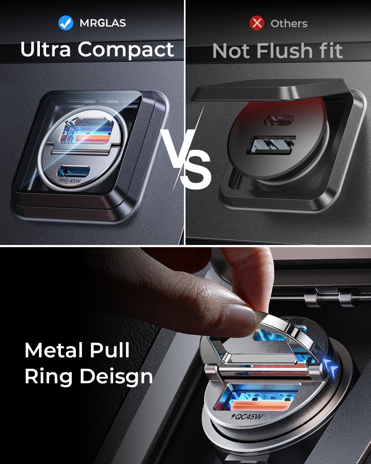 MRGLAS 90W USB C Car Charger Fast Charging,[Invisible Design] All Metal Car Charger USB C PD45W+QC3.0 Dual Port Cigarette Lighter Car Adapter for iPhone 16 Pro Max Plus 15 14 iPad SamsungS25 S24 Ultra