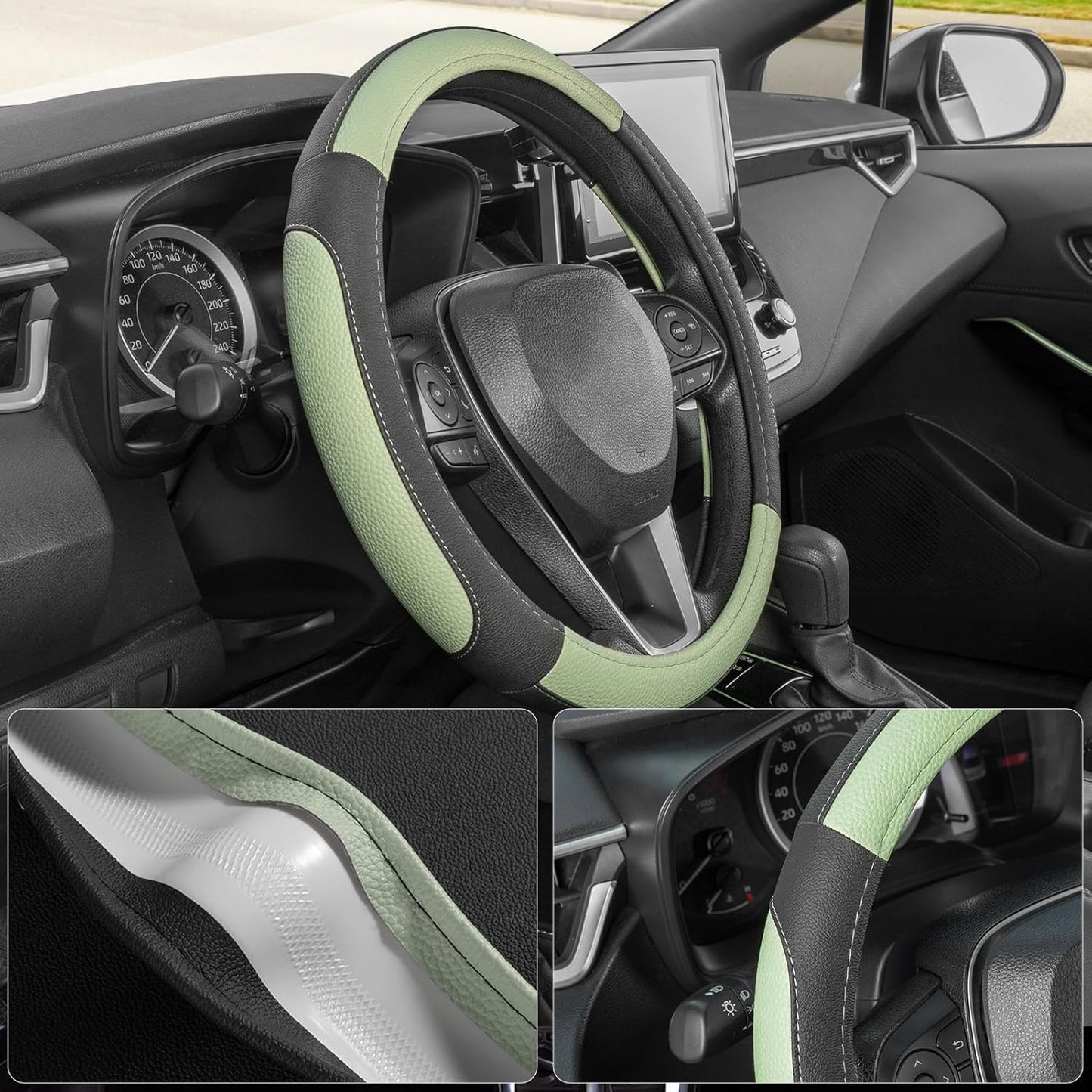 SEG Direct Steering Wheel Cover for Car, Standard Size 14.5-15 inch, Auto Interior Accessories, Black and Pastel Green