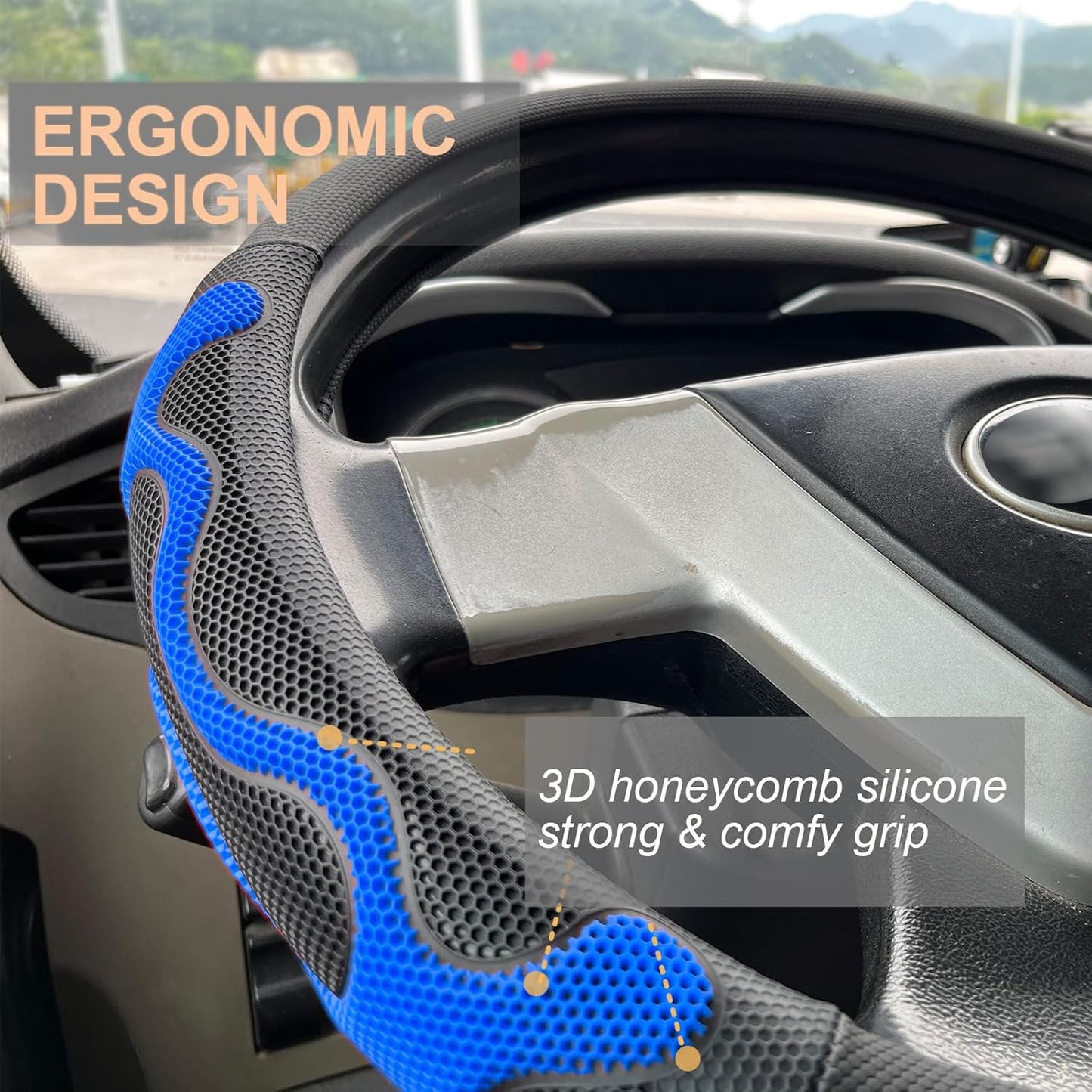 PINCTROT XL Size 17.5-18 Inch Comfy Grip Steering Wheel Cover for Semi Truck, Fits RV, Big Rig Trucker, 18 Wheeler and Classic Cars, Anti-Slip Design 17.5-18 Inch(Silicone Blue)