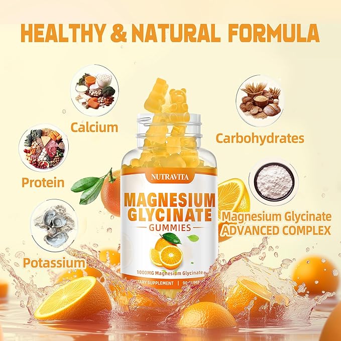 Magnesium Glycinate Gummies 1000mg with Magnesium L-Threonate,Chelated Magnesium Potassium Complex Supplement with VitD, B6, CoQ10, Calcium,Supports for Memory, Calm, Mood - 90 Gummies Orange