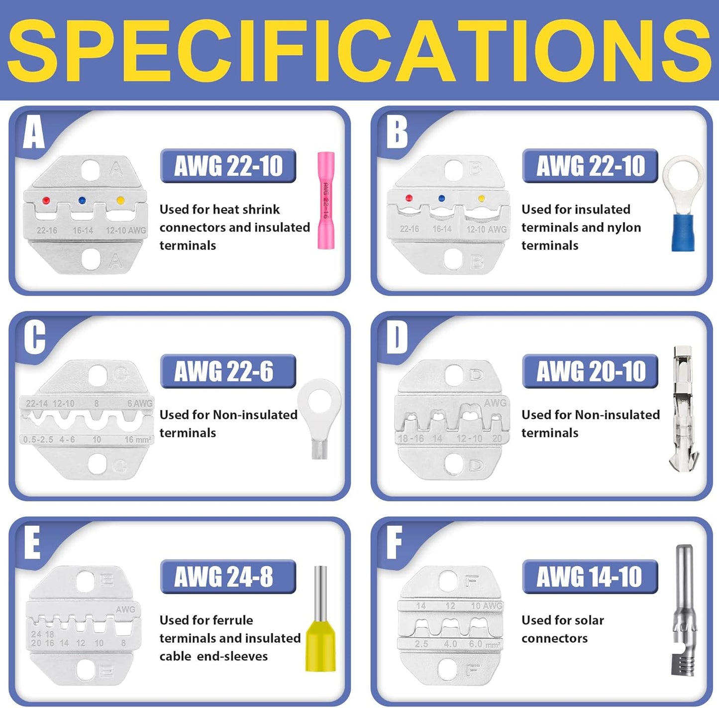 haisstronica 6PCS Crimping Tool Set - Ratchet Wire Crimping Tool for Heat Shrink,Insulated Nylon,Non-Insulated,Ferrule Wire End,Open Barrel Terminals,Solar Connectors