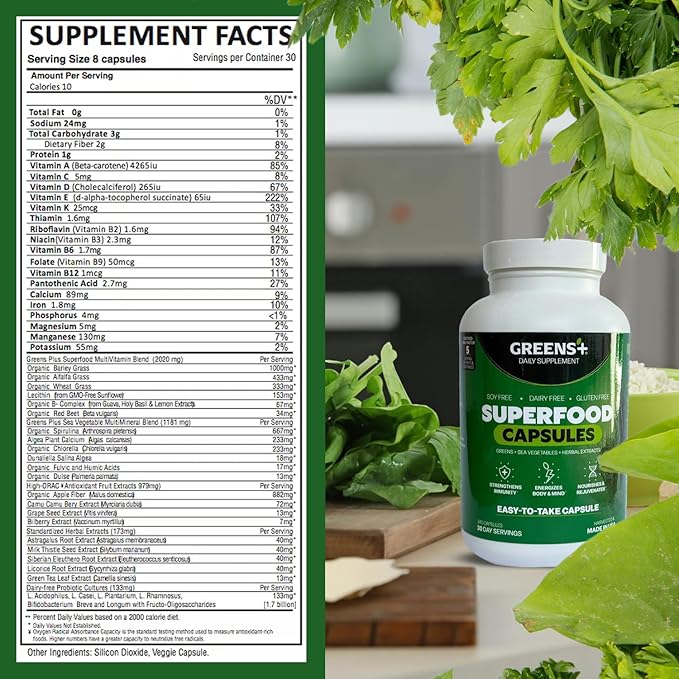Greens+ Organic Superfood Capsules, Organic Spirulina and Chlorella, with Alfalfa & Wheat Grass, Vitamins & Minerals Supplements, Gluten-Free, Vegan, Non-GMO, 240 Count