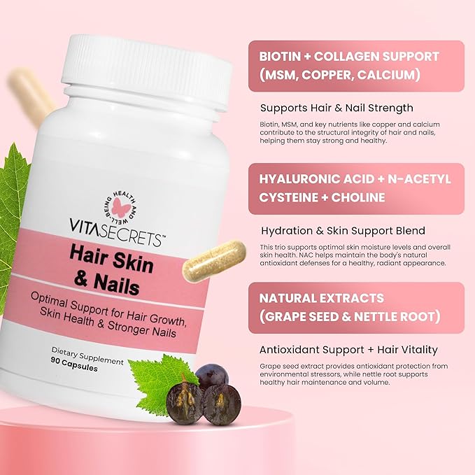 Vitasecrets Hair, Skin & Nails Super Blend – 90 Capsules with Biotin, Collagen, and Hyaluronic Acid for Healthy Hair, Glowing Skin, and Stronger Nails – Non-GMO, Gluten-Free, Made in The USA