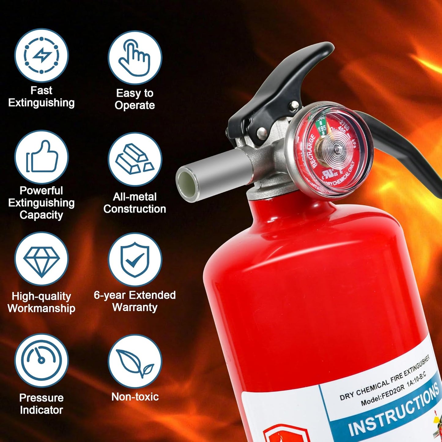 6 Pack Dry Chemical 2.5 lb ABC Fire Extinguishers, Home, Car, Boat Use, 1A:10B:C Rating, Quick Release Handle, Easy to store and Carry Dry Powder Extinguisher