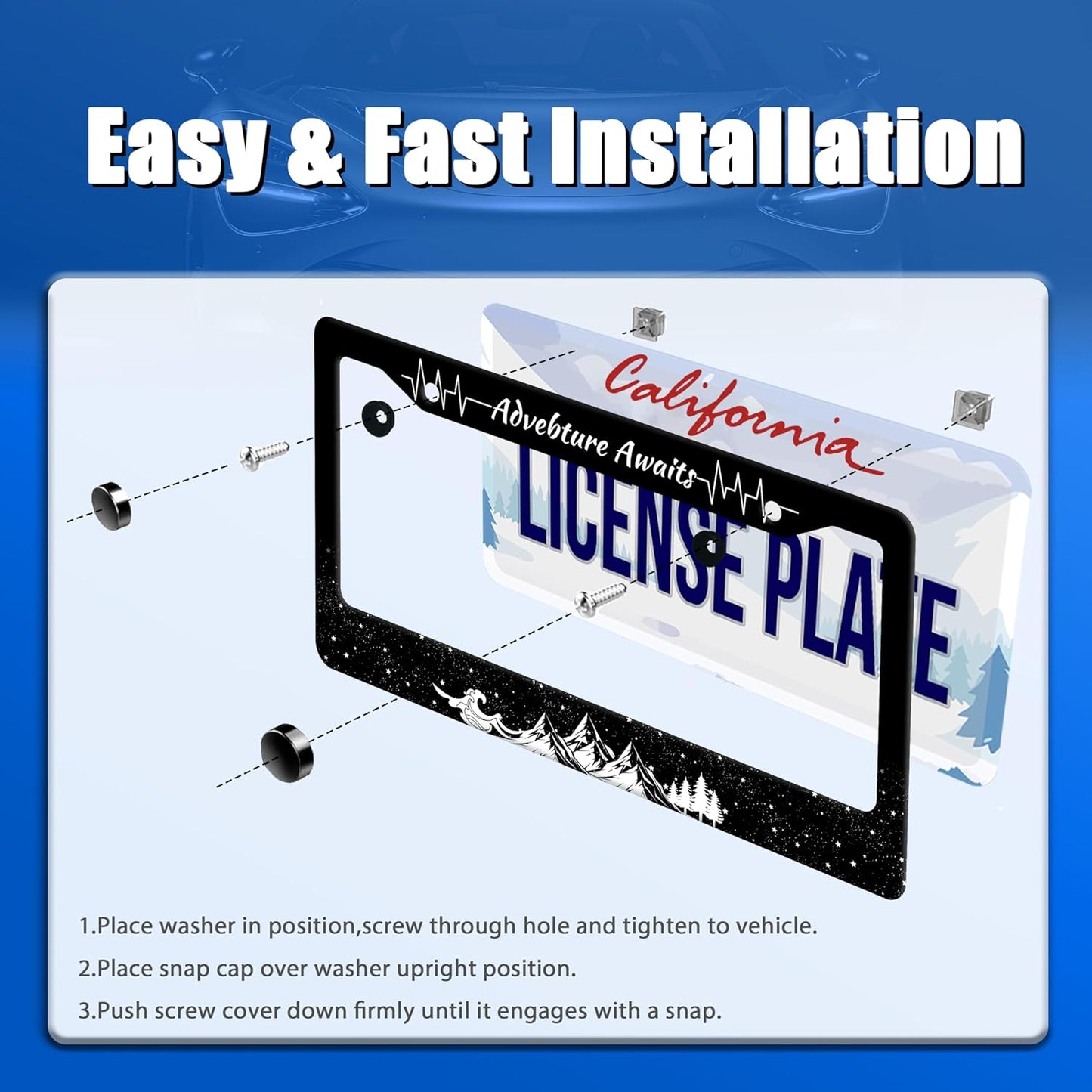Advebture Awaits License Plate Frame Mountain Waves Forest License Plate Stainless Steel Rust-Proof Metal Funny License Plate Holder Car Accessory With Screws Car Decoration 12.3" x 6.3" For Men Women