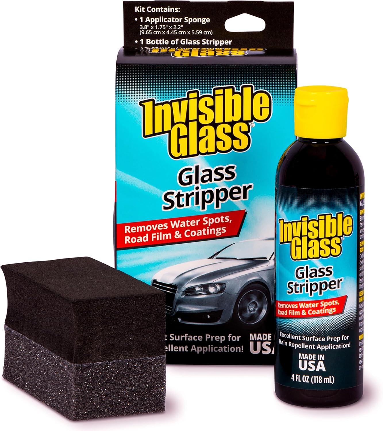 Invisible Glass 91411 Glass Stripper – Hard Water Spot Remover – Strips Coatings, Waxes, Oils & Road Film – Preps Windshields for Rain Repellent & Ceramic Coating – 4 Fl Oz