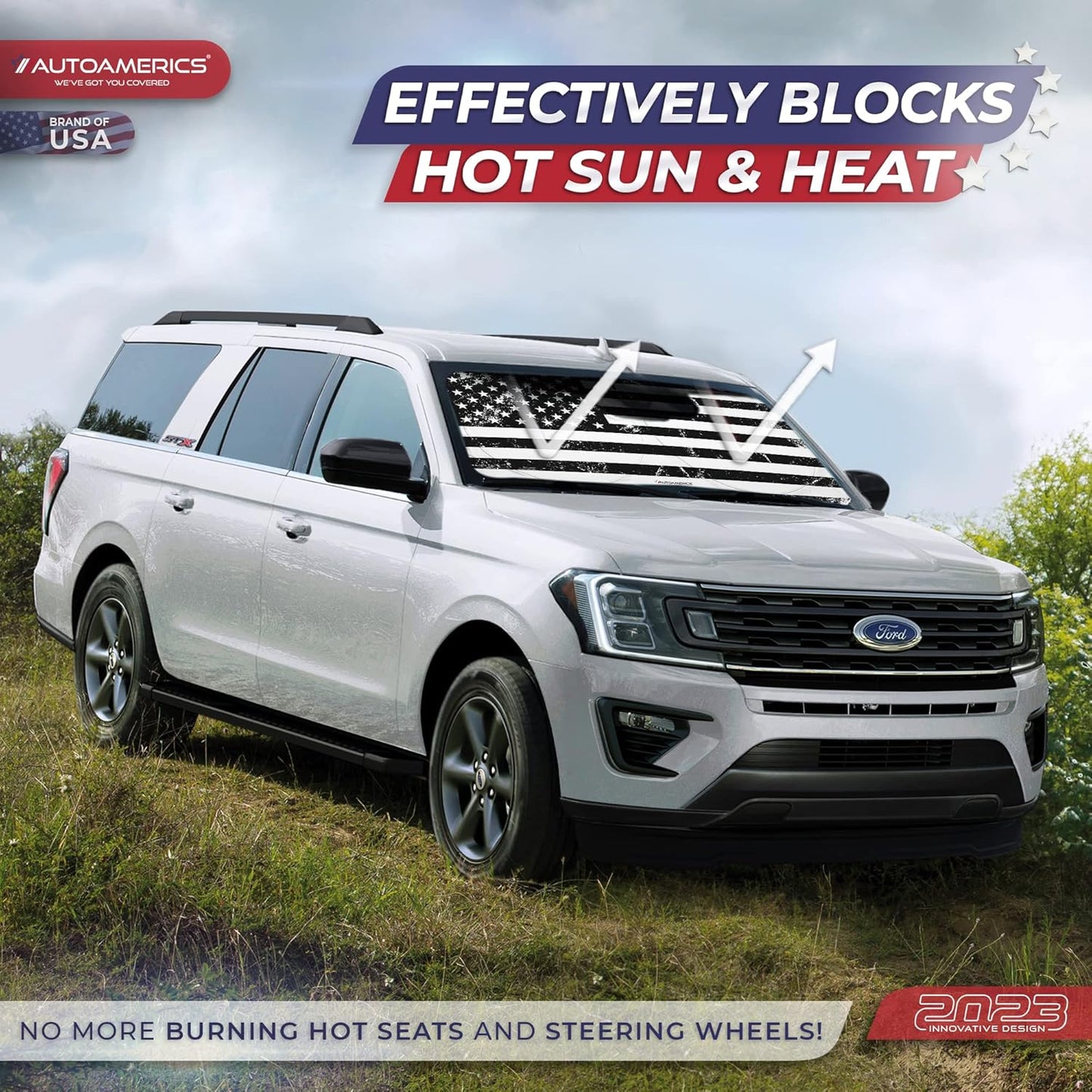 Autoamerics 1-Piece Windshield Sun Shade Grunge B&W American Flag USA Design - Foldable Car Front Window Sunshade for Most Sedans SUV Truck - Blocks Max UV Rays and Keeps Your Vehicle Cool - Large