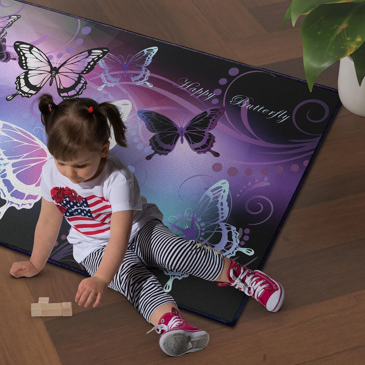 Beautiful Butterfly Fantasy Rug for Playroom Girls Bedroom Colorful Rainbow Butterfly Decor Area Carpet 2x3 Purple Mat 3D Printed Non-Slip Washable