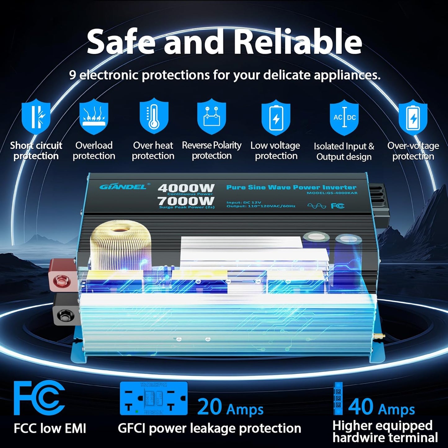 GIANDEL 4000W Pure Sine Wave Power Inverter 12V to 120V AC,7000W Surge,Compatible with All 12V Batteries,Dual Remote Control,UL Listed GFCI Outlets,FCC Approved for RV Campers Off-Grid Solar Systems