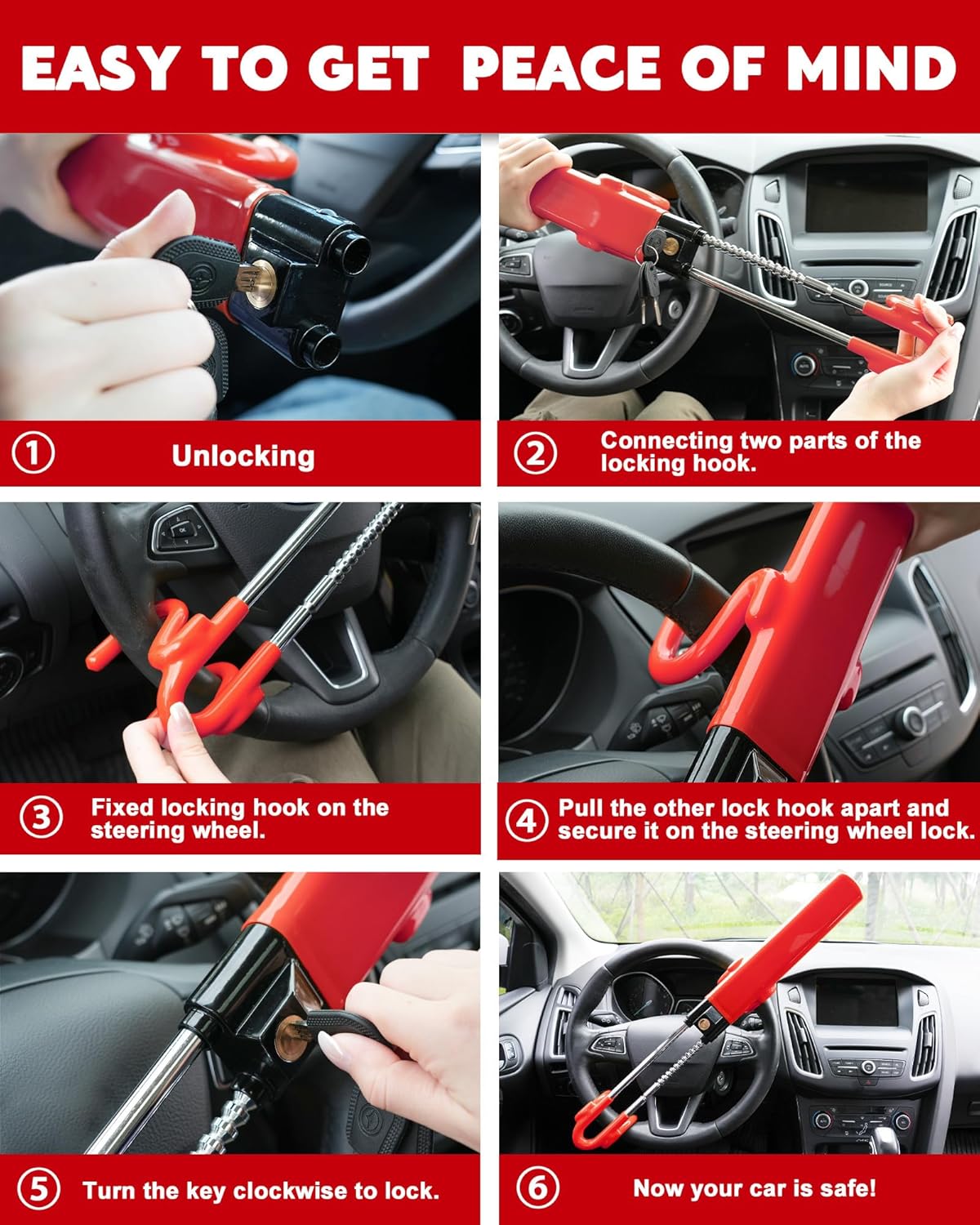 Tevlaphee Steering Wheel Lock Anti-Theft Car Device Heavy Duty Security Car Lock Antitheft Locking Devices Great Deterrent Adjustable Car Wheel Lock Anti Theft for Vehicle Truck SUV with 3 Keys (Red)