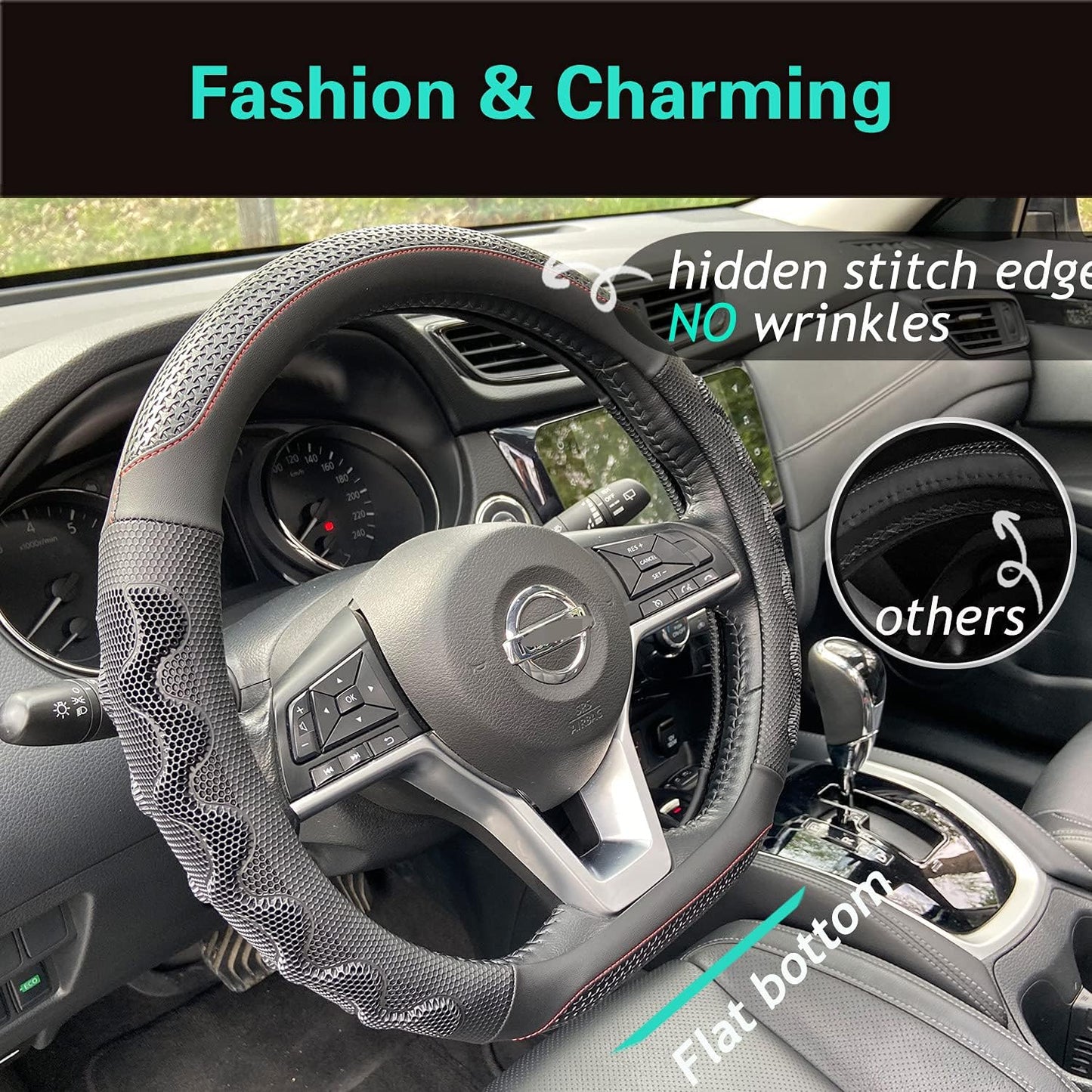 PINCTROT D Shaped 14.5-15 Inch Steering Wheel Cover Great Grip with 3D Honeycomb Anti-Slip Design, Flat Bottom 14.5-15 Inch (Black/Red Stitch)