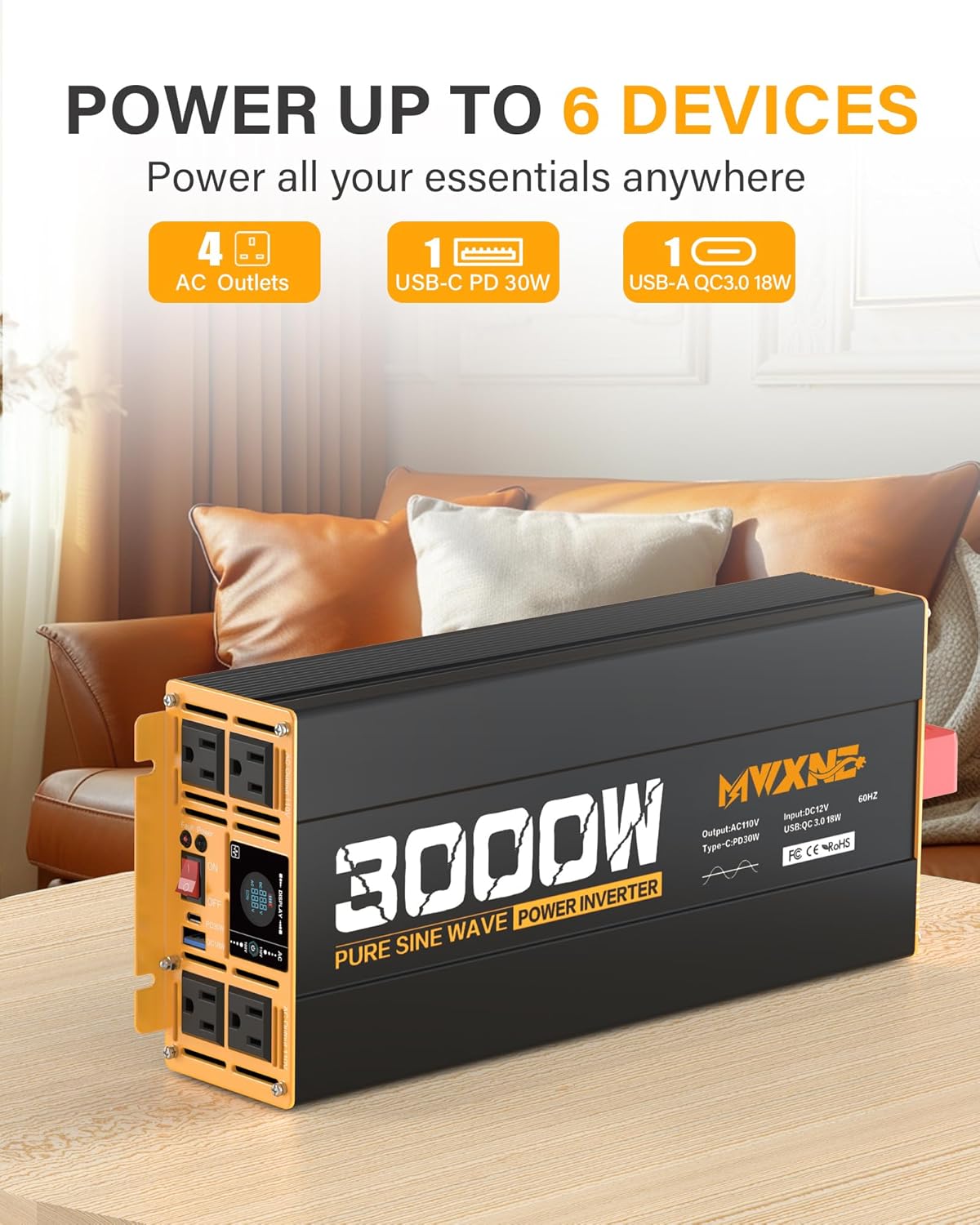 3000W Pure Sine Wave Inverter 12V DC to 110V 120V AC Converter for RV Truck Home Off-Grid Solar Power Inverter with Type-C PD30W/USB Port QC3.0 Quick Charging, 4 AC Outlets, Remote Control