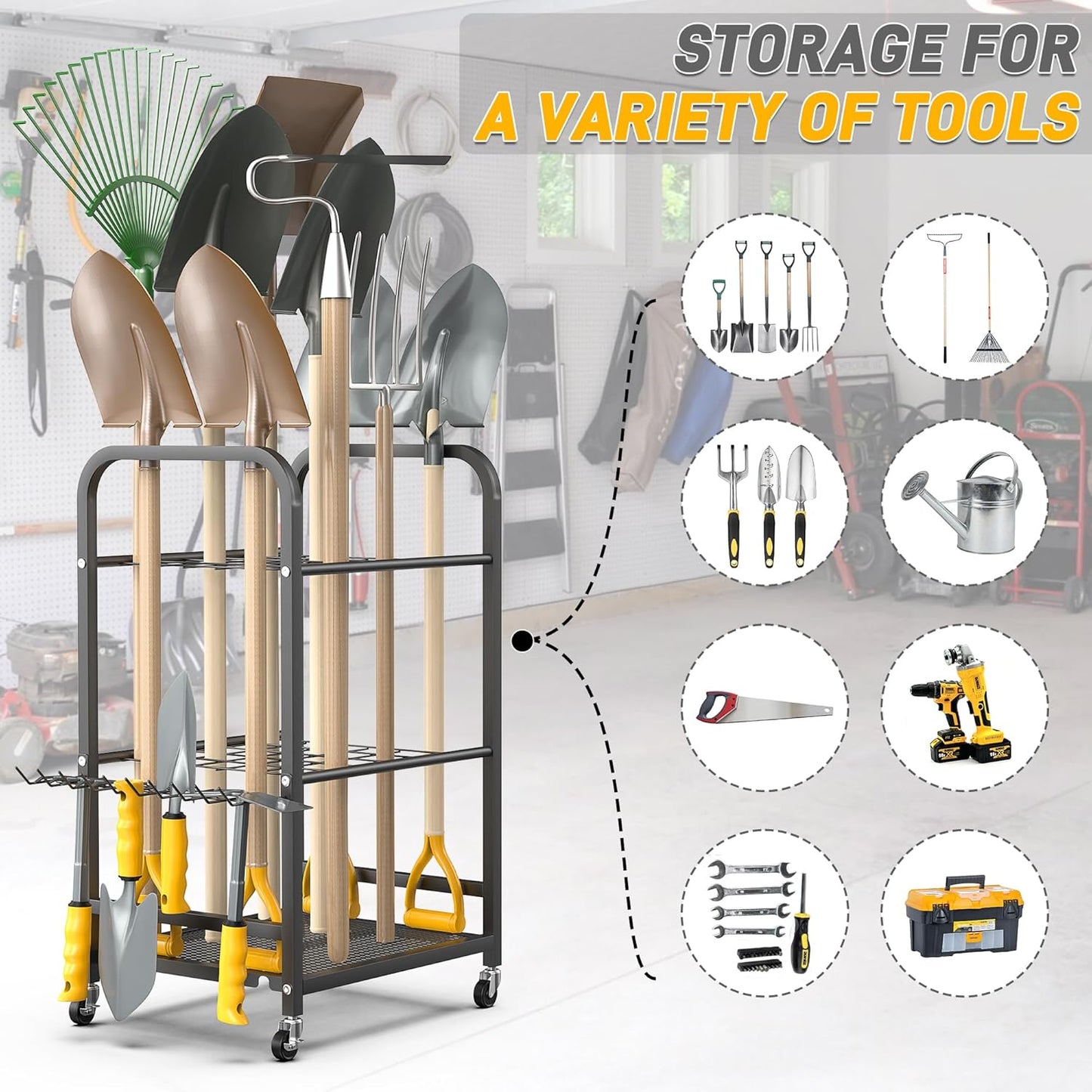 Ultrawall Garden Tool Organizer Stand, Yard Tool Storage Rack with Lockable Wheels, Garage Tool Storage for Rake, Brooms, Indoor & Outdoor Use