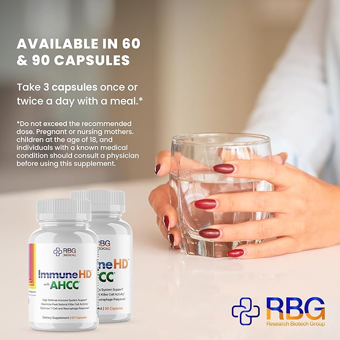Immune-HD with AHCC Supplement for Immune Support,1500mg of AHCC Mushroom Extract + Olive Leaf & Quercetin with Bromelain, Natural Killer Cell Activity for Immune System, Liver Function, 90 Caps, RBG