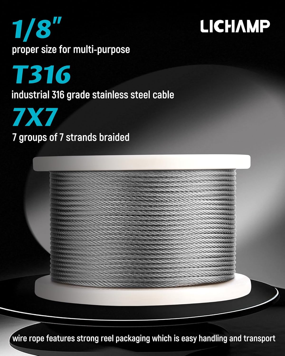 Lichamp 250FT 1/8" Stainless Steel Wire Rope Cable, Aircraft 316 SS Braided Steel Wire Thin Metal Cable Hardware for Deck Railing Handrail Safety System, SSC250