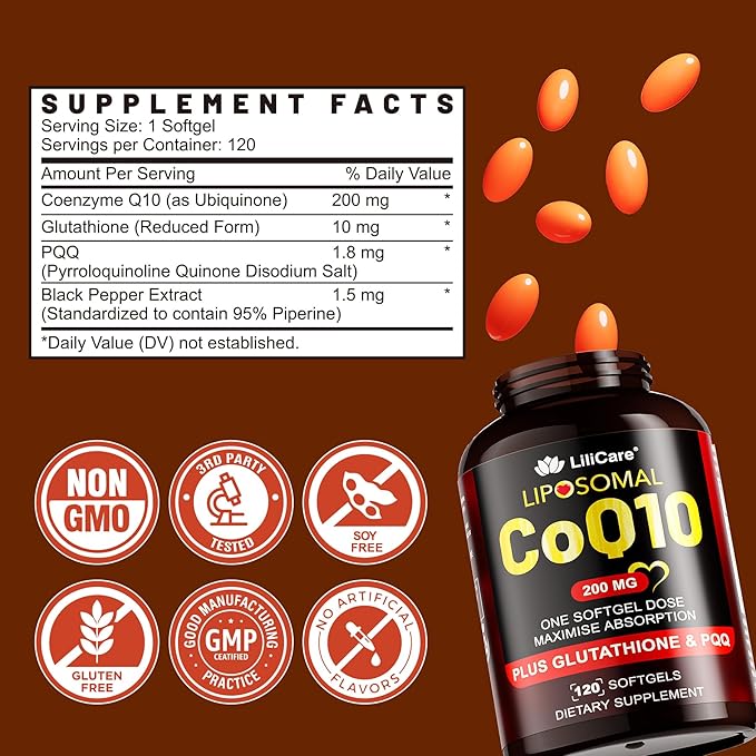 CoQ10-200mg-Softgels, 120 Servings Liposomal CoQ10 PQQ & Black Pepper Extract for Maximum Absorption - Ultra Ubiquinone Coenzyme Q10 Supplement Powerful Antioxidant Supports Hear-t & Energy Boost