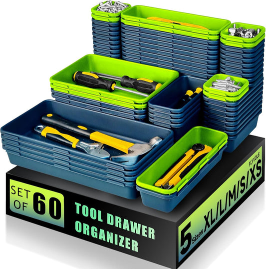 Tool Box Organizer Tray, Toolbox Desk Drawer Organizer, Tool Box Tray, Toolbox Organization Storage for Rolling Tool Chest (60PCS (Blue+Green))