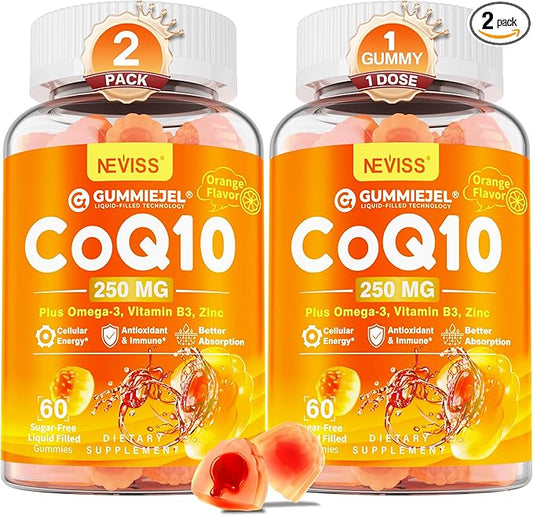 Sugar-Free CoQ10-250mg Filled Gummies - 4 Months Supply - Plus Omega-3, Vitamin B3 & Zinc, High Absorption Coenzyme Q10 Supplements for Hear-t Health, Cellular Energy & Antioxidant Support, 2-Pack