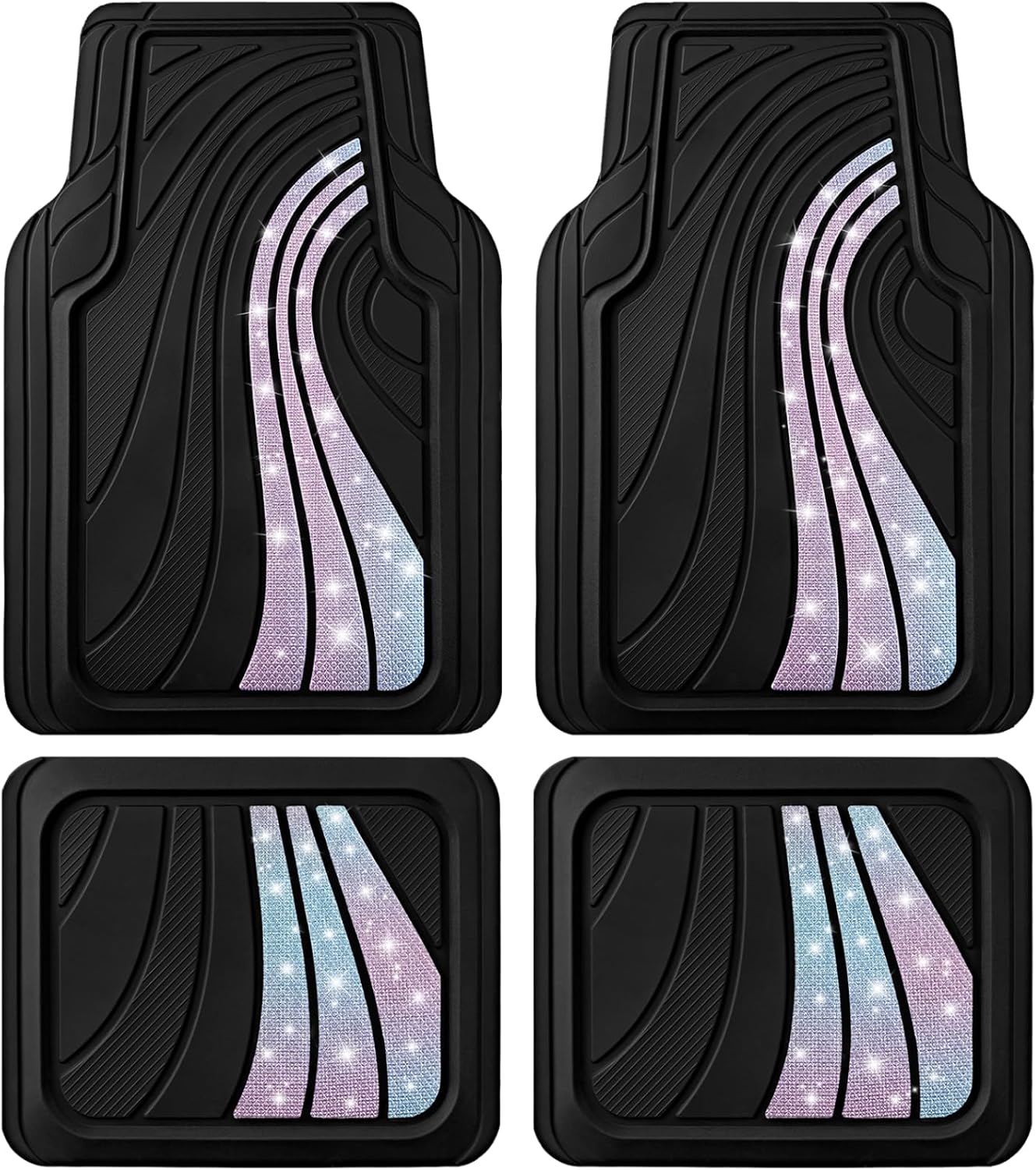 Road Comforts Car Floor Mats Full Set – Front & Rear Car Floor Mats with Aluminum Design, Anti-Slip Backing, All-Weather Protection, Trim-to-Fit Car Mats for Most Sedans, SUVs & Vans - Glitter